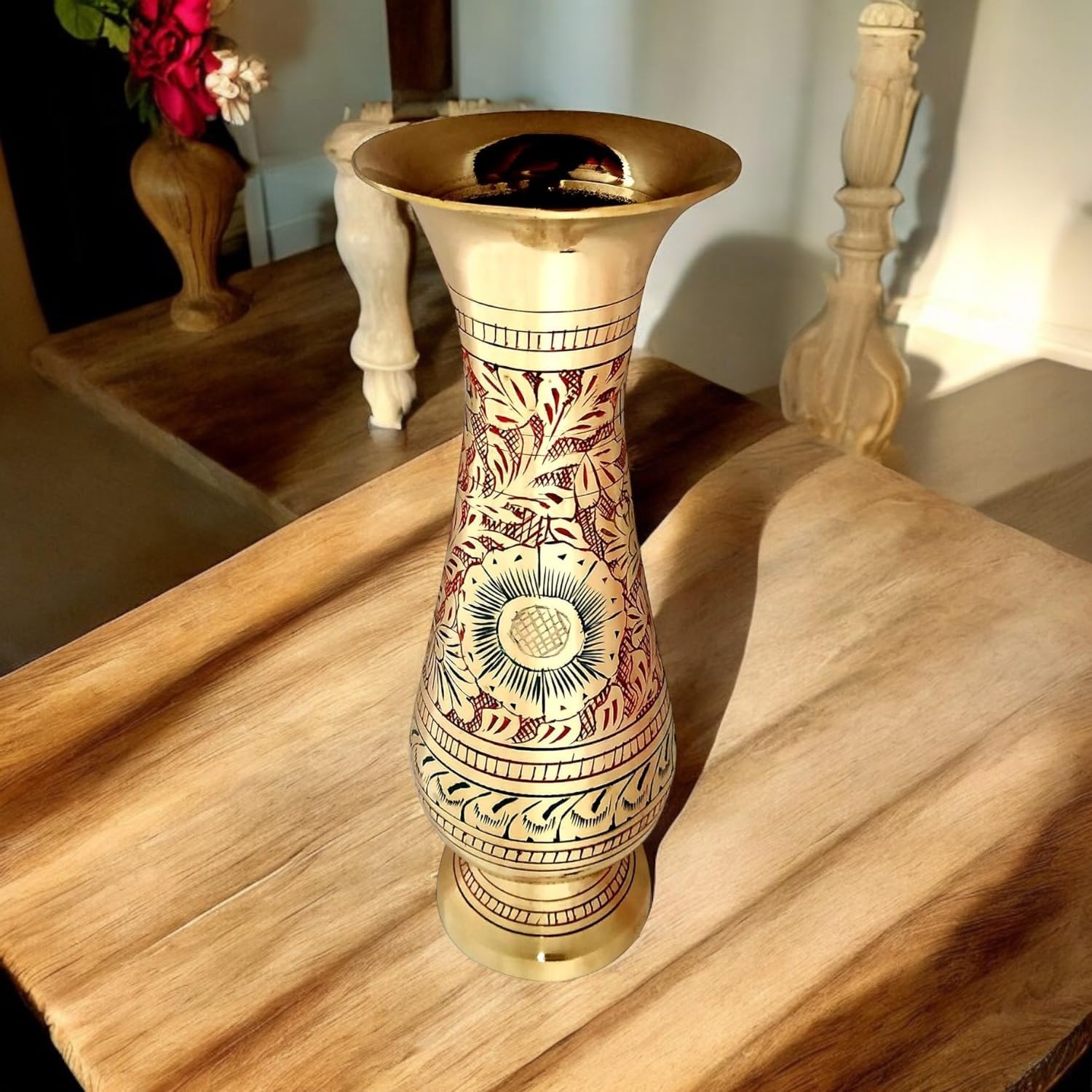 Brass Vase 8 Inches Tall - Handmade Nakkashi Decor