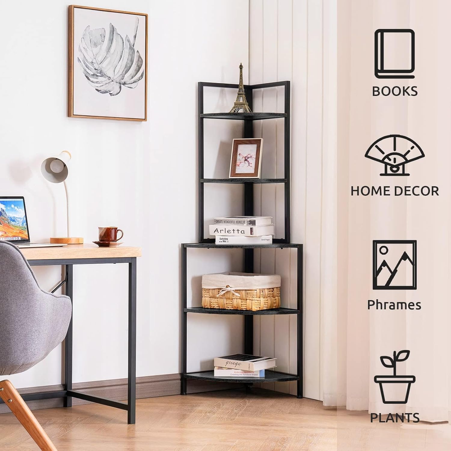 Apicizon 5 Tier Corner Shelf Black Metal Frame