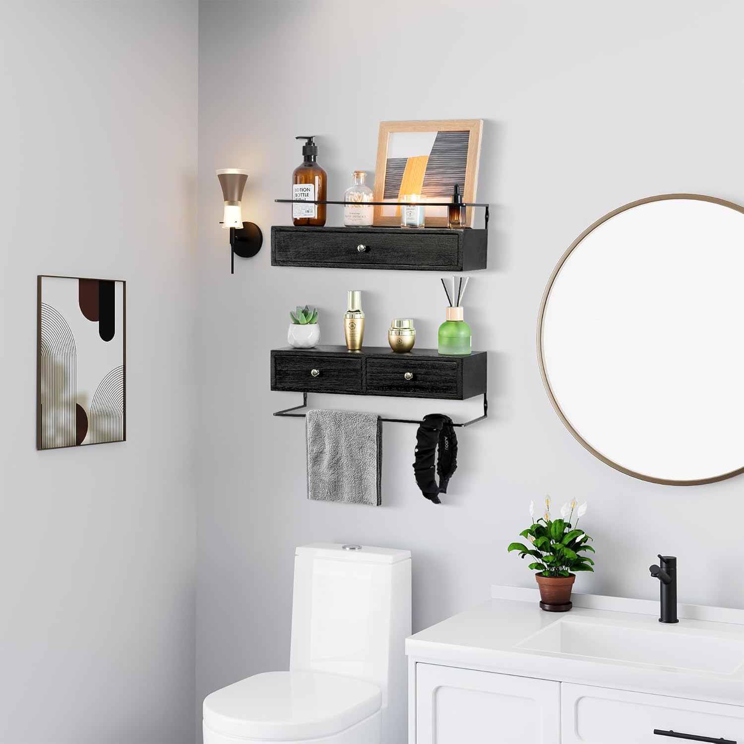 Rustic Floating Shelves with Drawer Set of 2 Black