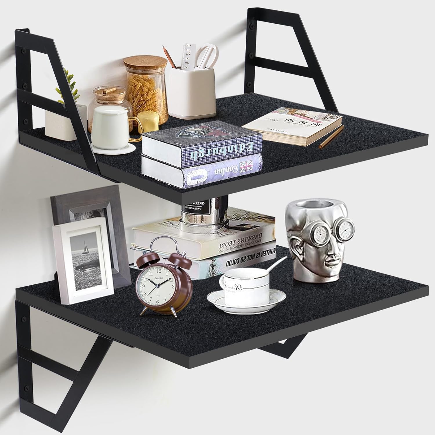 Set of 2 Deep Floating Shelves with Metal Brackets 12 Inches Black