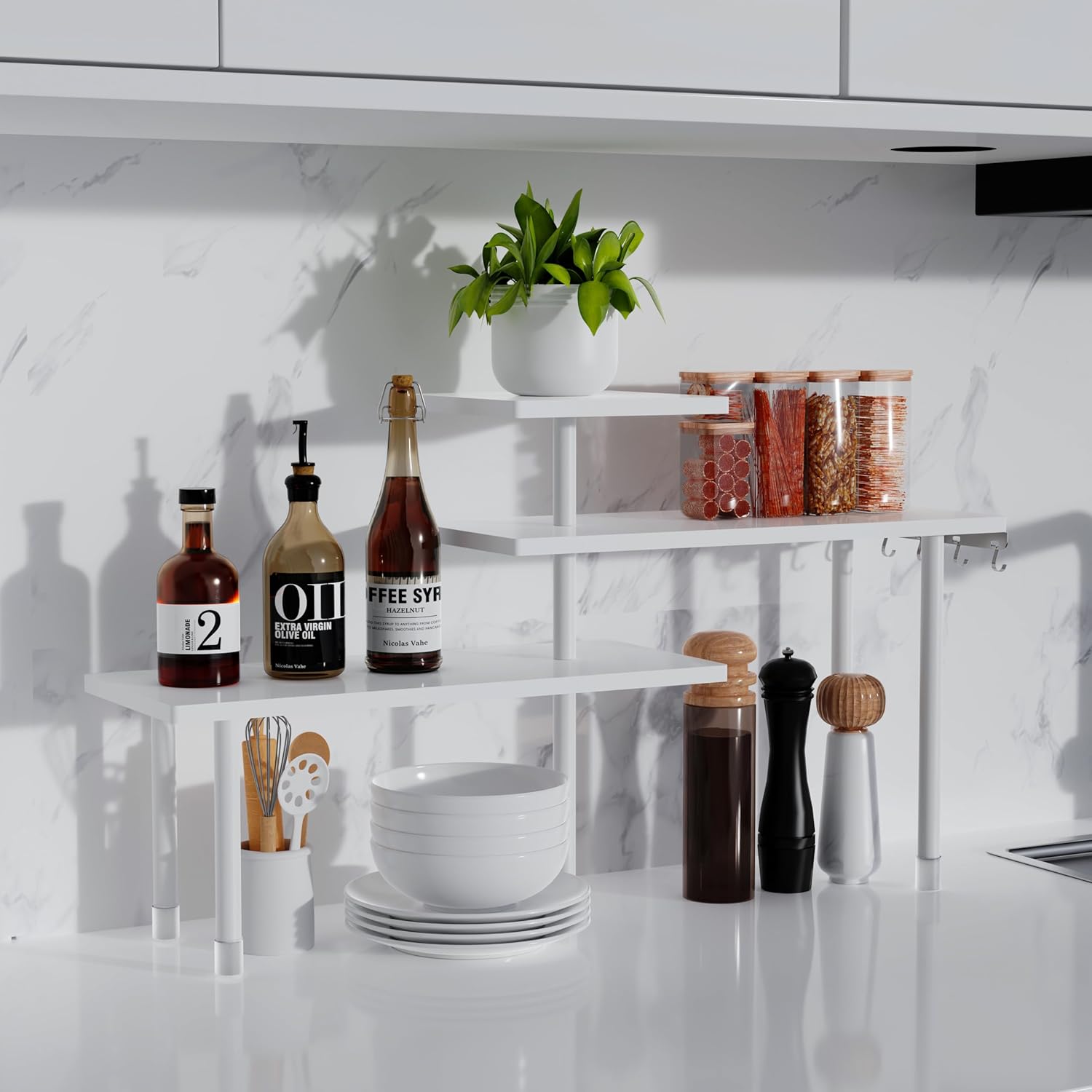 Ollieroo Bamboo 3-Tier Corner Shelf with Hooks