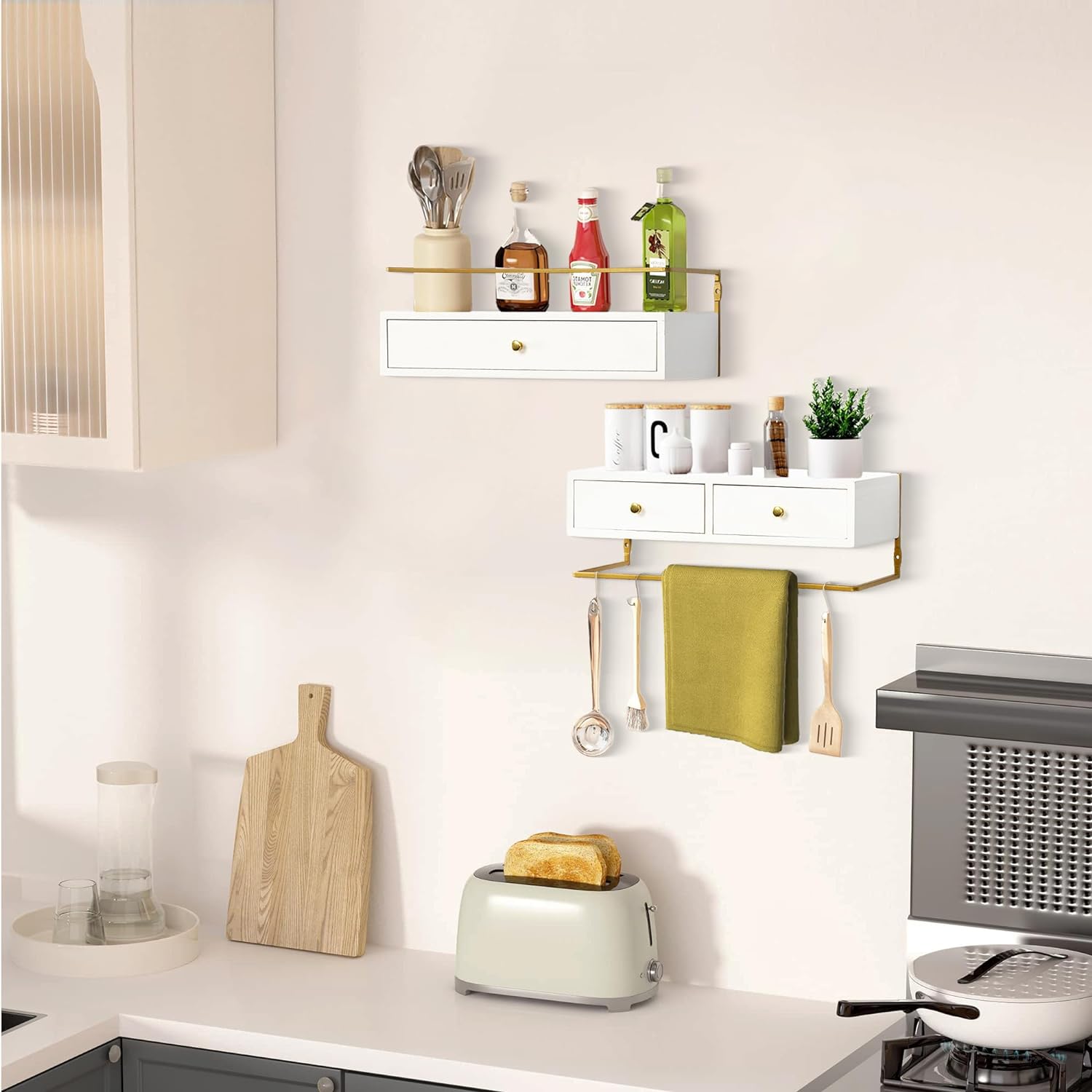 Rustic Floating Shelves With Drawer Set of 2