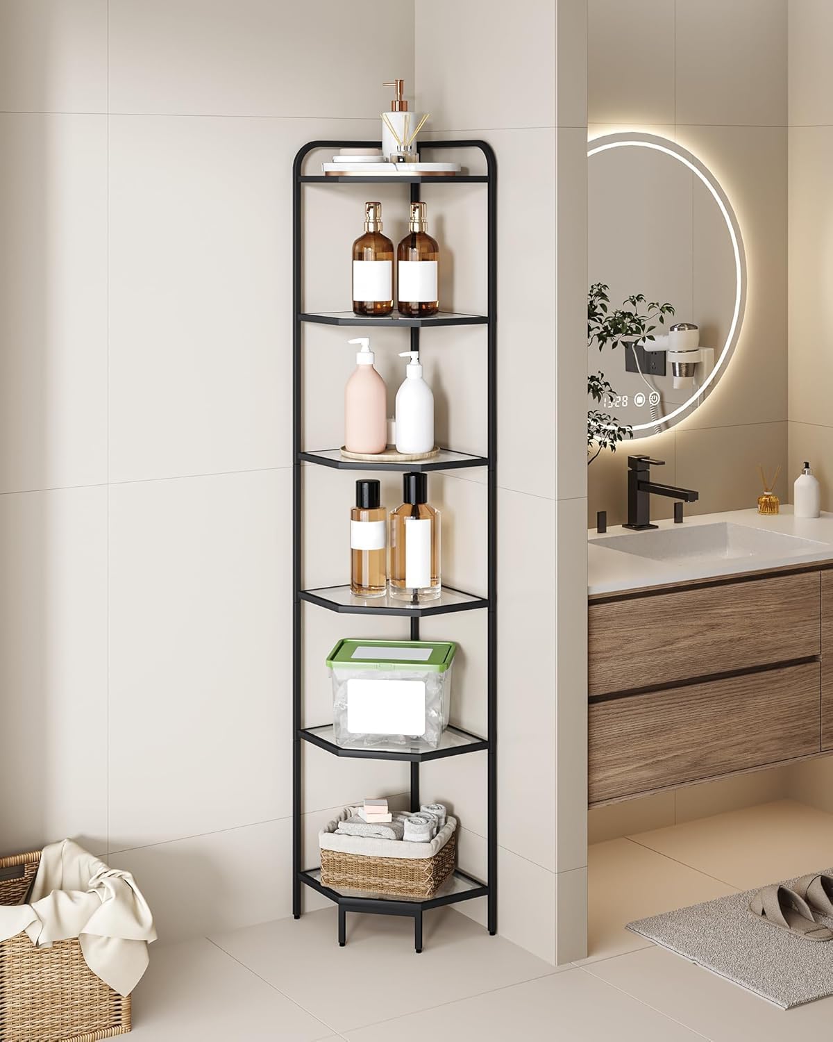 6-Tier Corner Shelf Stand with Tempered Glass