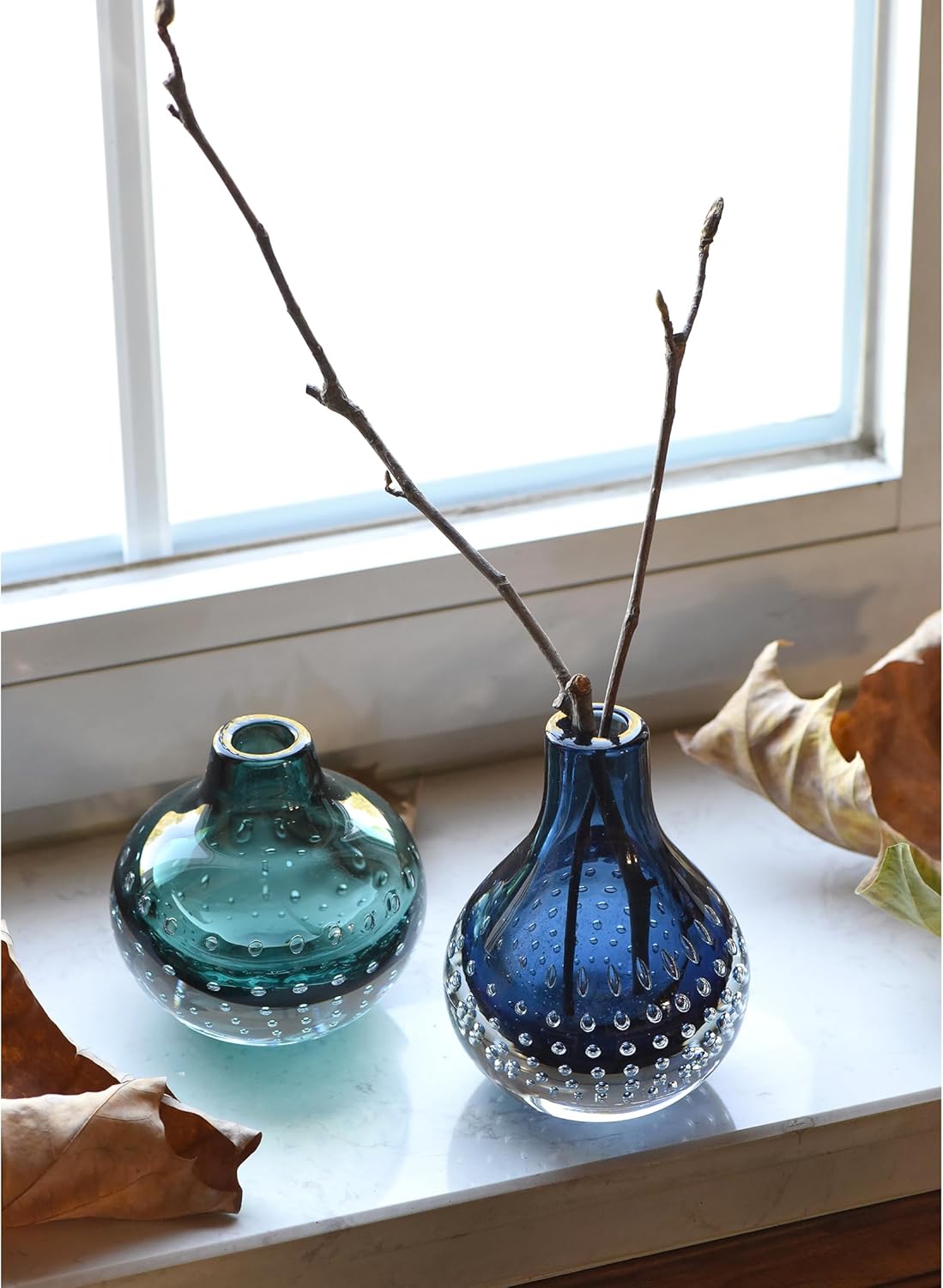 CONVIVA Art Glass Bud Vase Set of 2 Modern Blue Green Vases