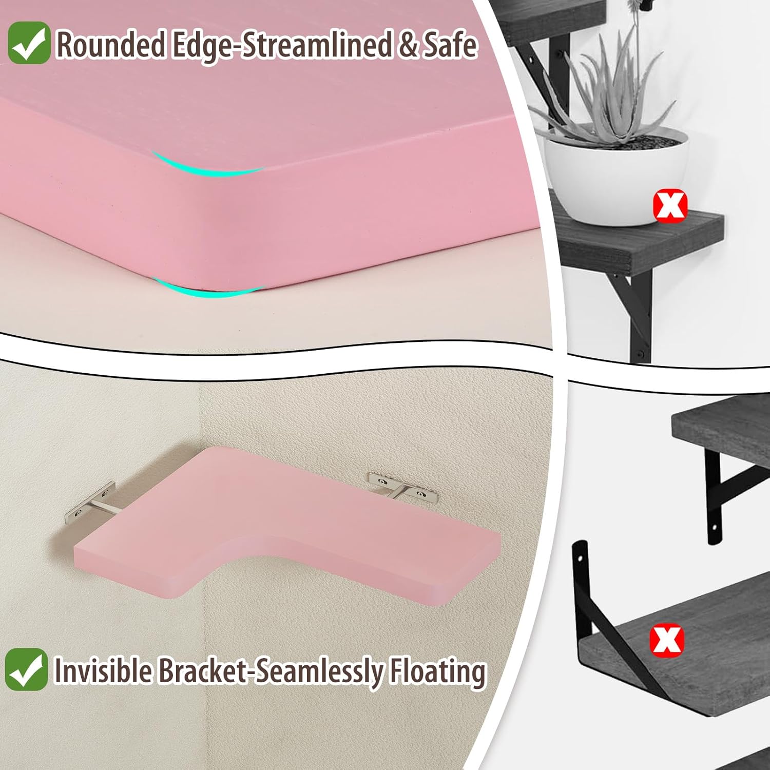 SAUMONIERES Corner Floating Shelves Set of 3 Pink