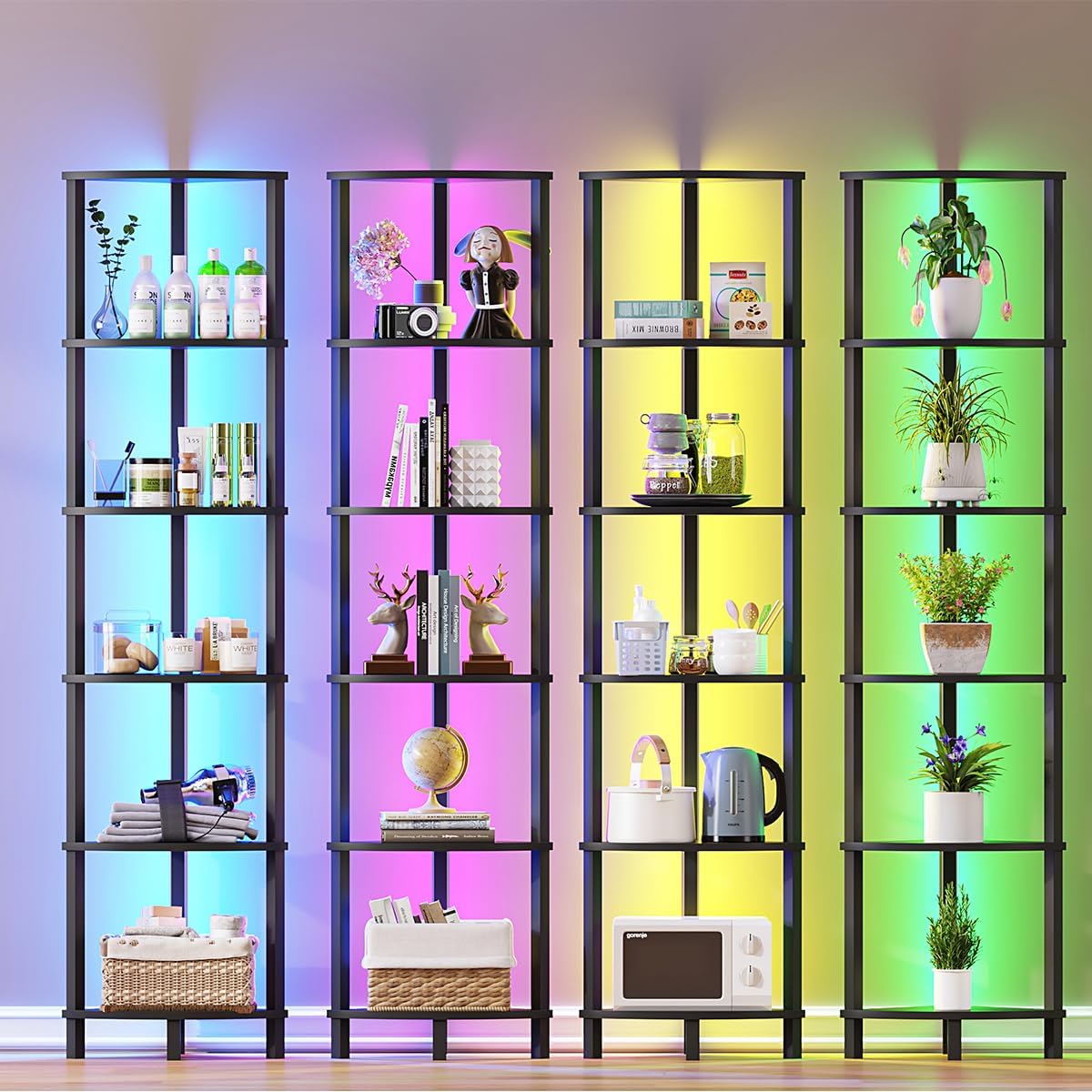 6-Tier Corner Shelf with LED Light Sturdy Black Frame
