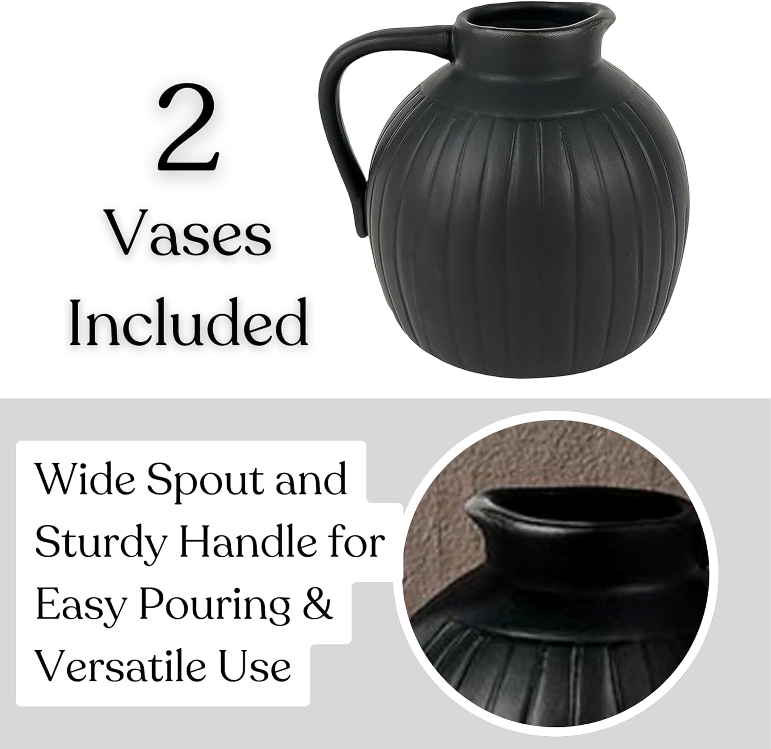Needzo Black Ceramic Pitcher Vase Set