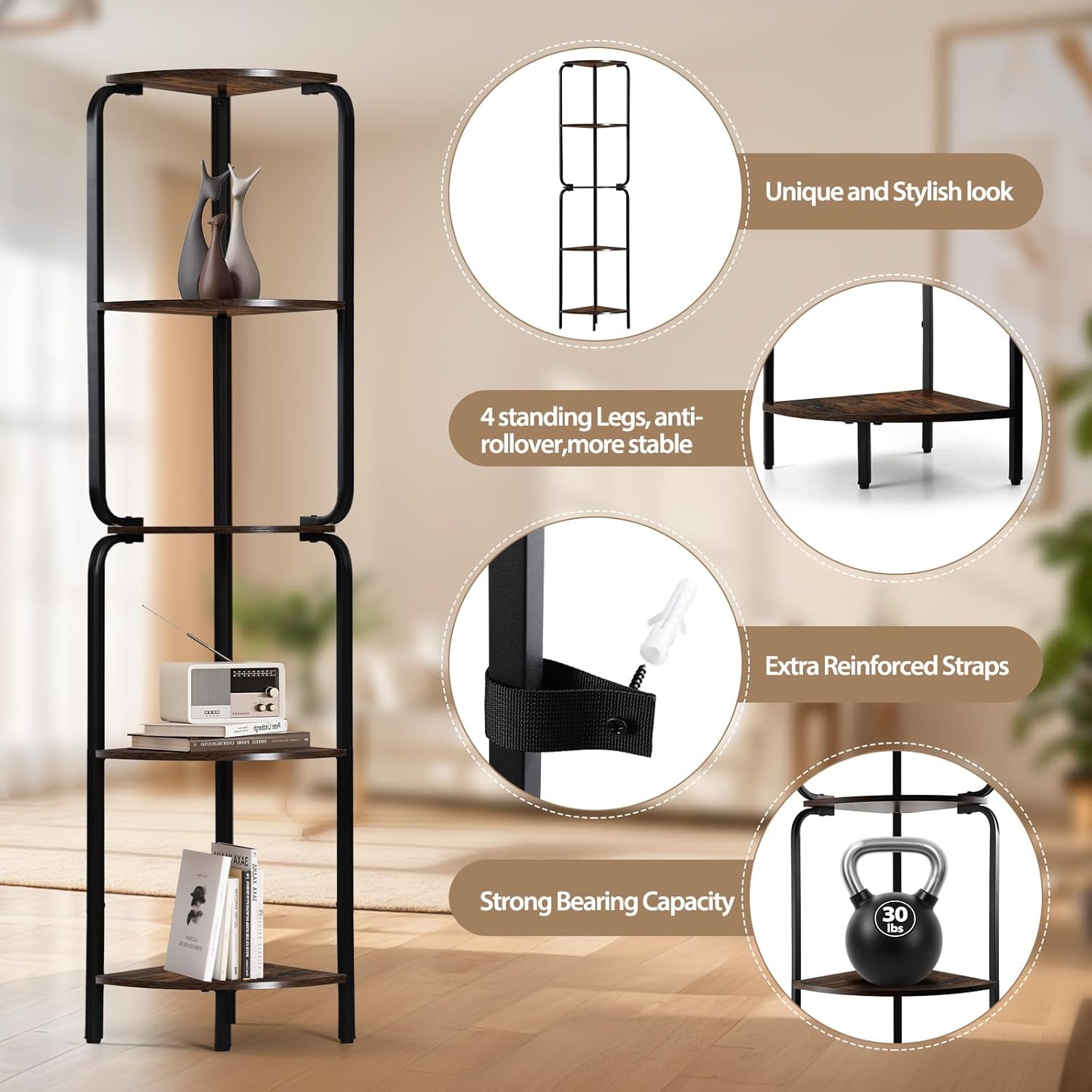 Modern 5 Tier Corner Shelf with LED Light