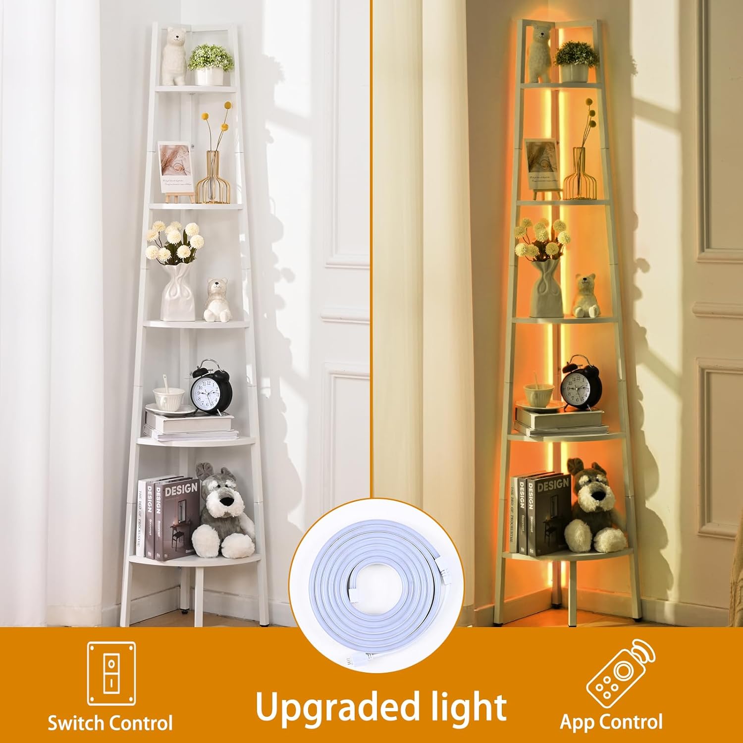 White Corner Shelf with LED Light and Steel Frame