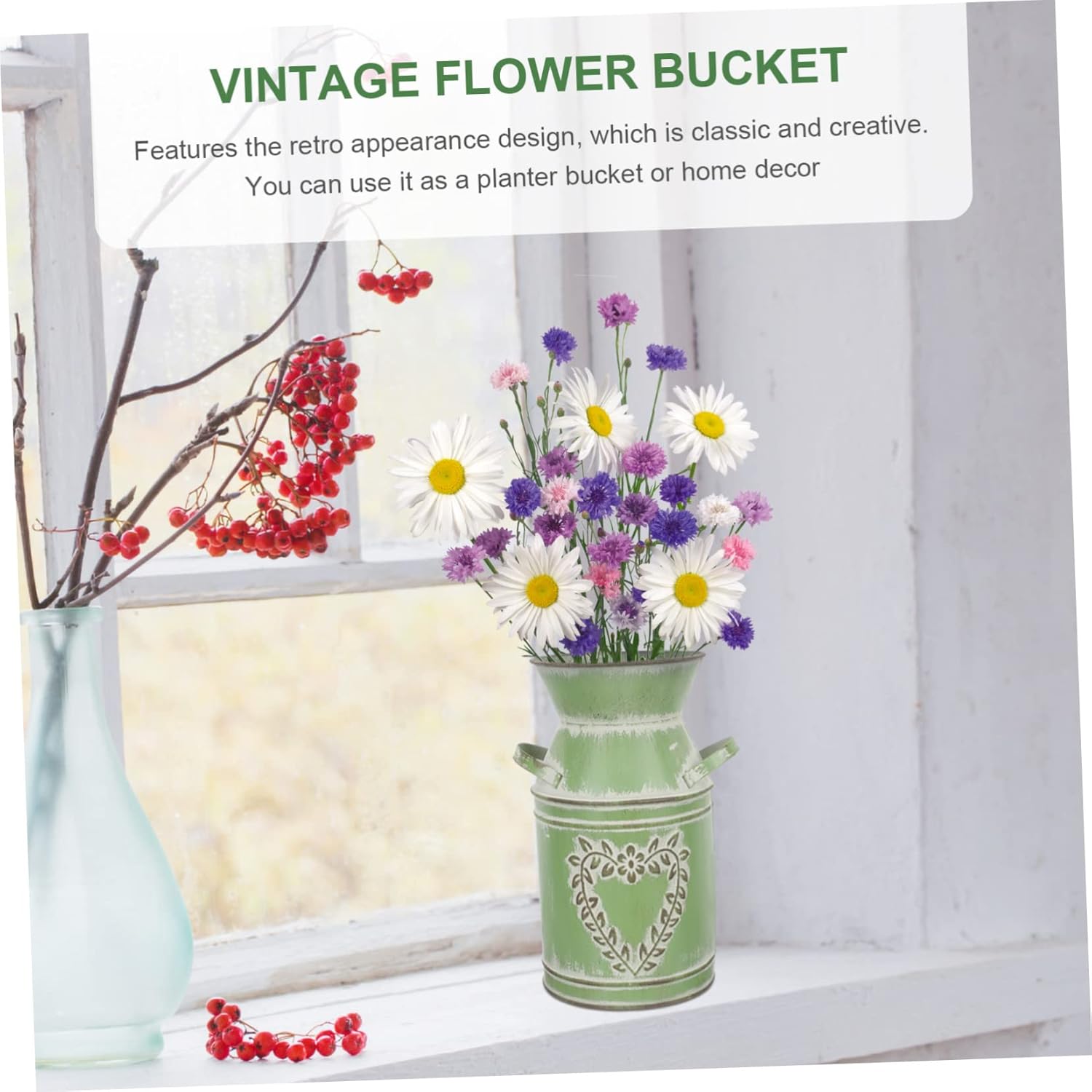 Rustic Dark Green Iron Flower Bucket Vase