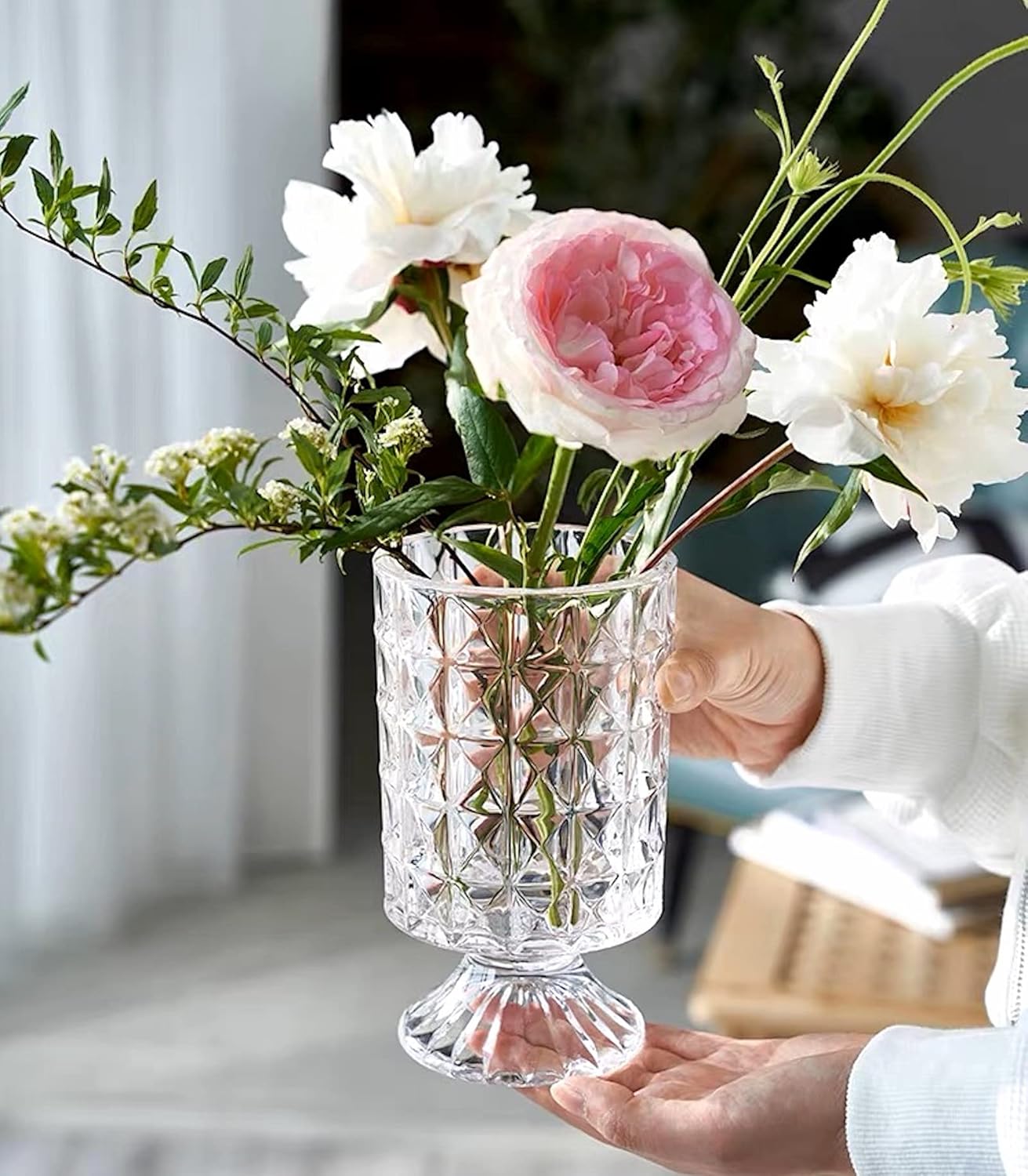 BLOFLO Embossed Glass Vase 7 Inch Crystal