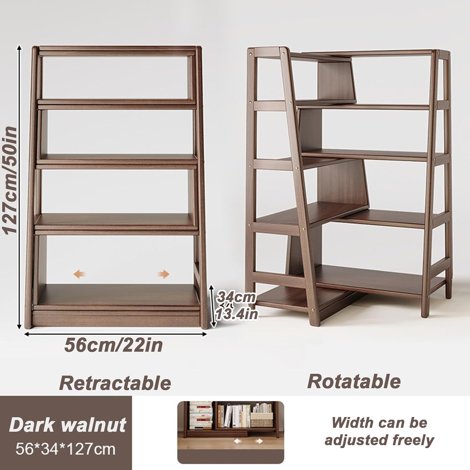 Retractable Corner Bookshelf Solid Wood 22x134x50in