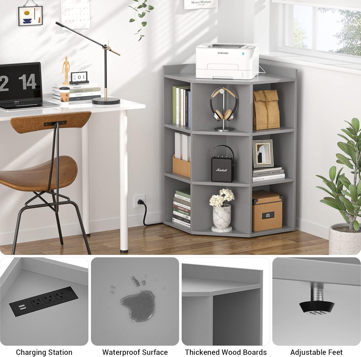 Aheaplus Corner Cabinet with USB and Outlets 9 Cubes Grey