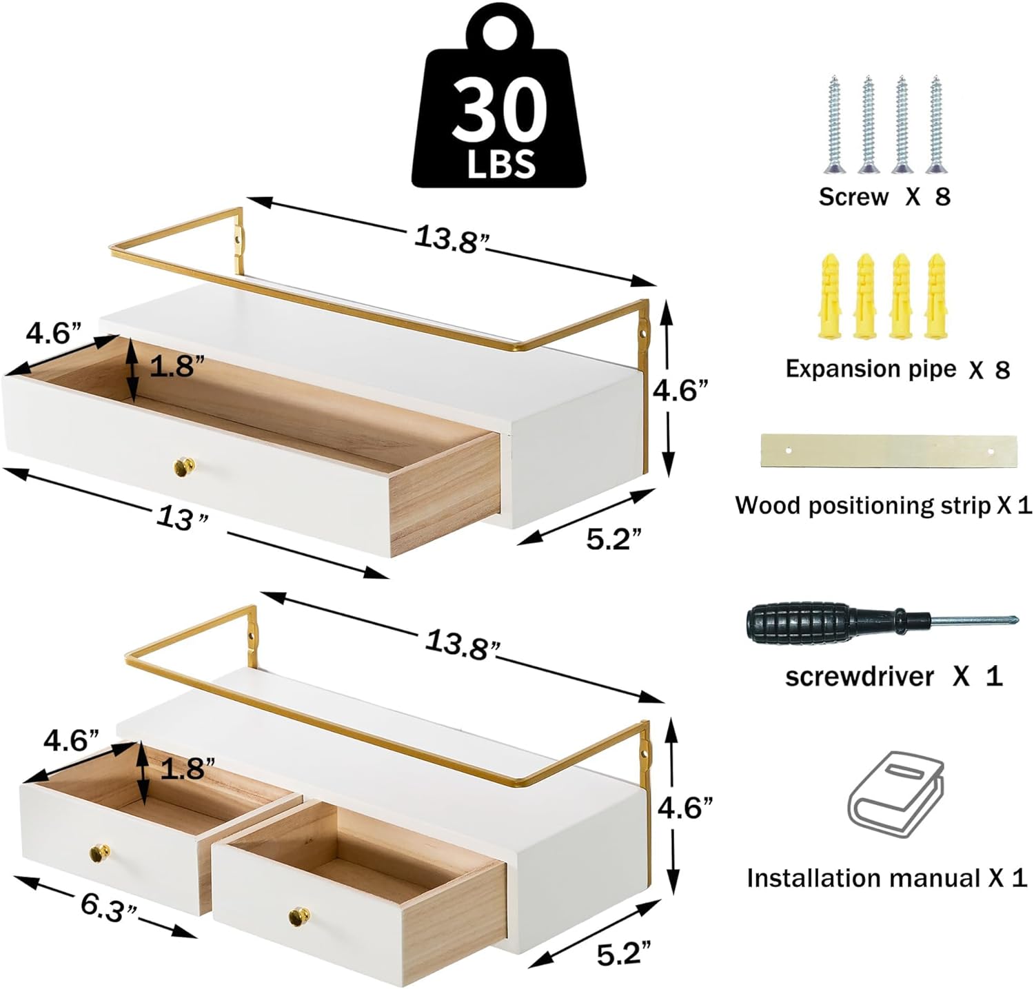 Rustic Floating Shelves With Drawer Set of 2