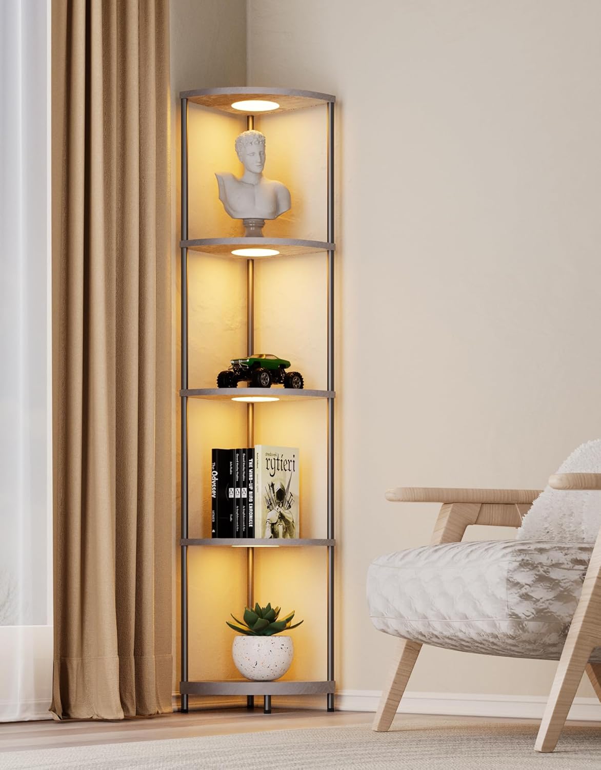 PARTPHONER Corner Shelf with LED Light and Storage