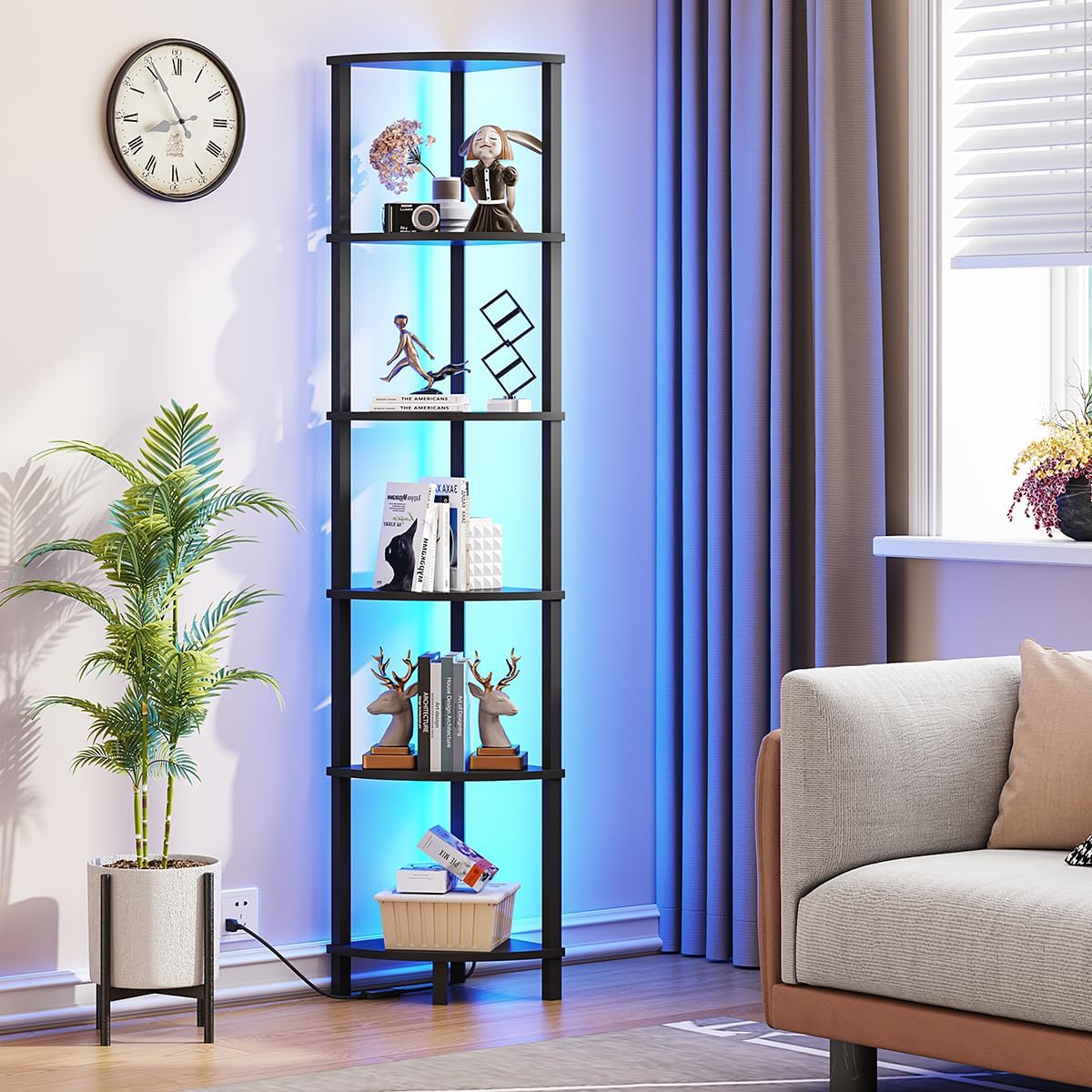 6-Tier Corner Shelf with LED Light Sturdy Black Frame