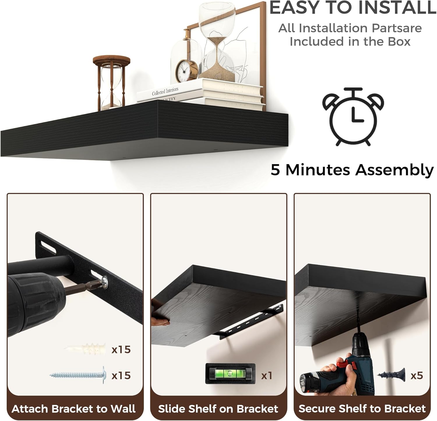 Venusmiles 24 x 12 Black Floating Wall Shelf