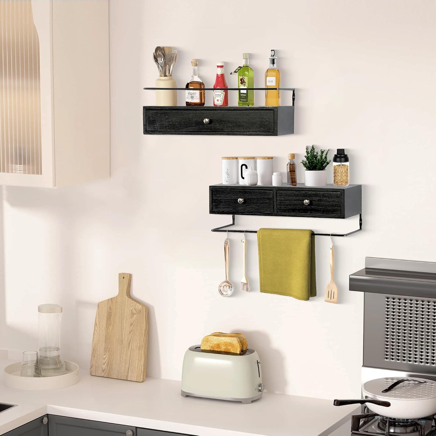 Rustic Floating Shelves with Drawer Set of 2 Black