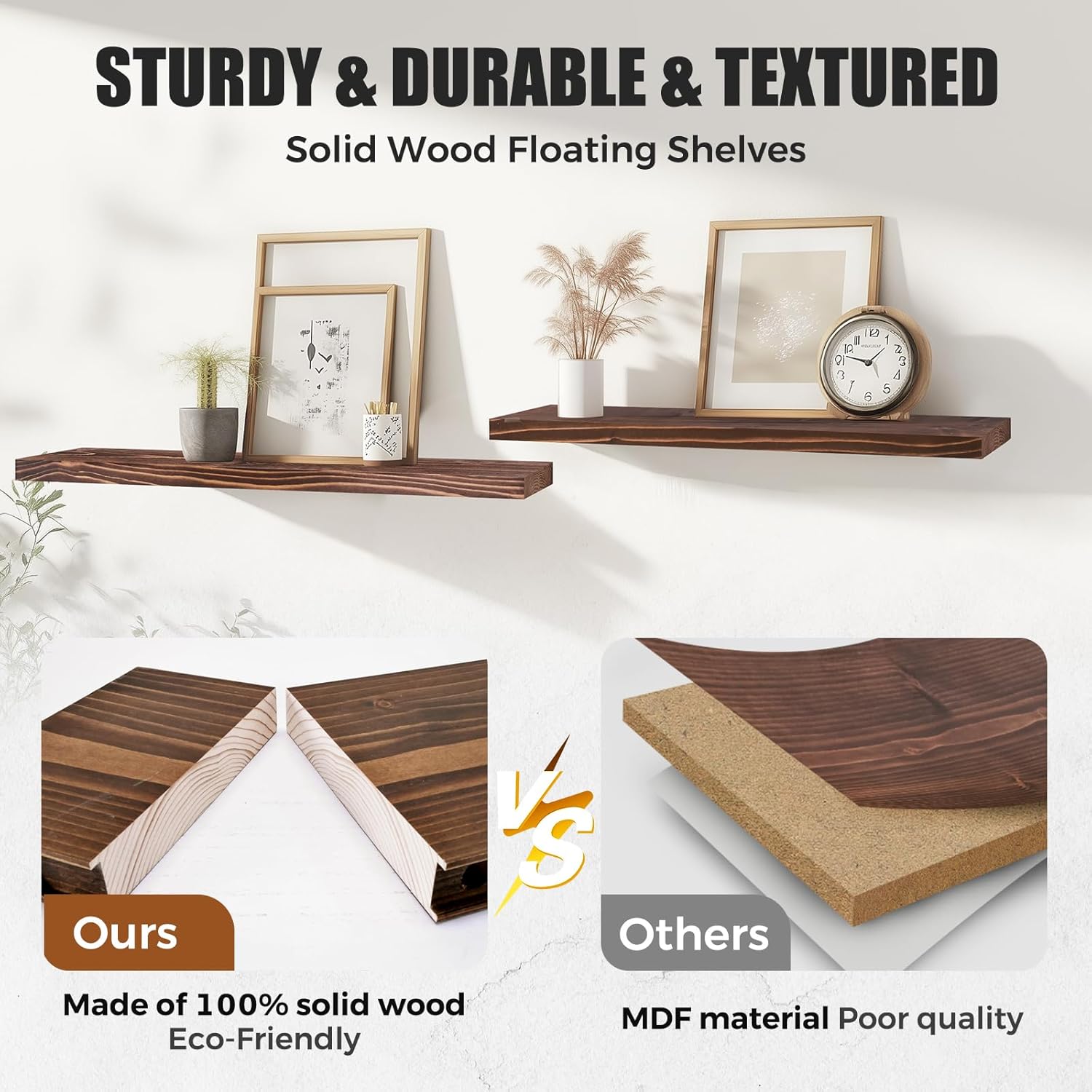 Floating Wall Shelves 2-Pack - Rustic Brown Storage Shelves