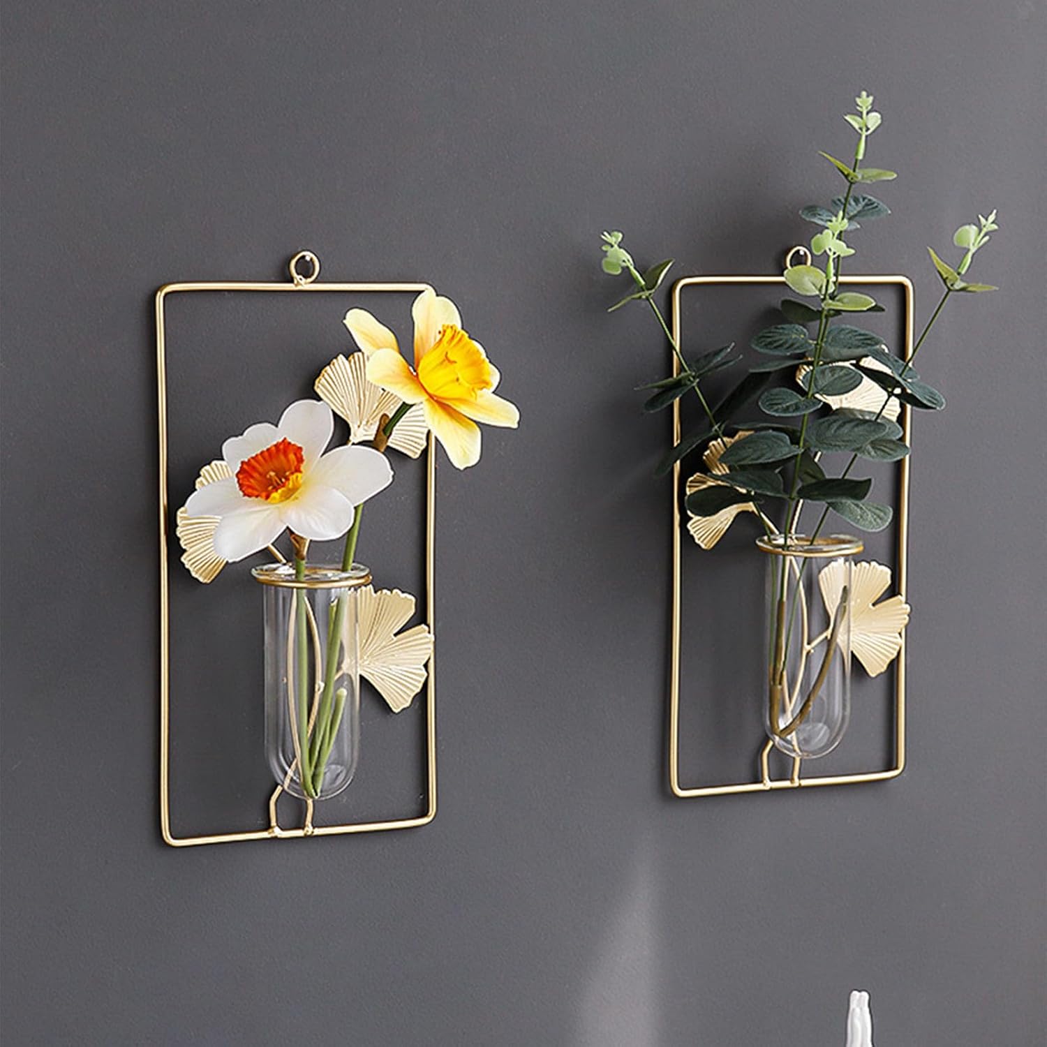 Hanging Gold Wall Decor Glass Vase with Leaf Design
