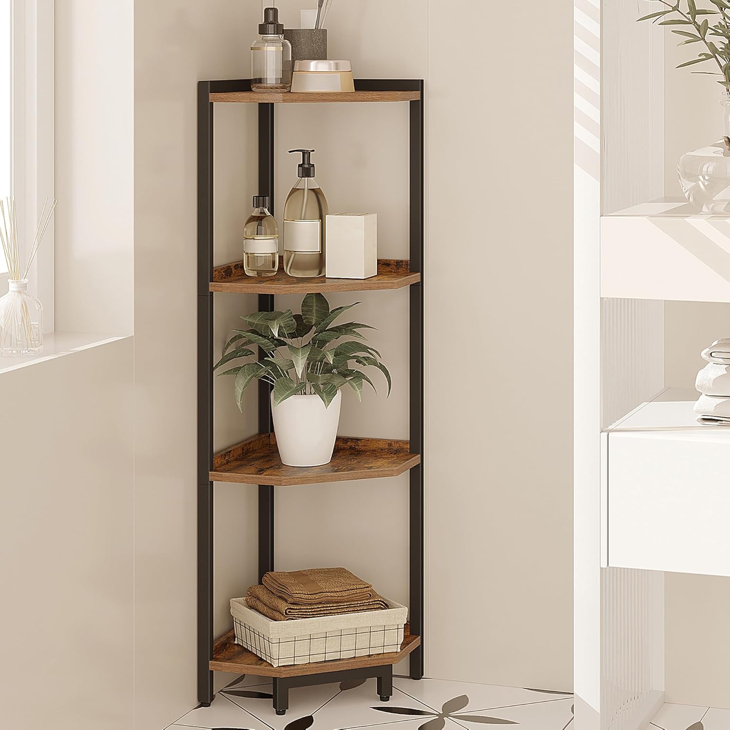 4-Tier Corner Bookshelf Stand with Metal Frame