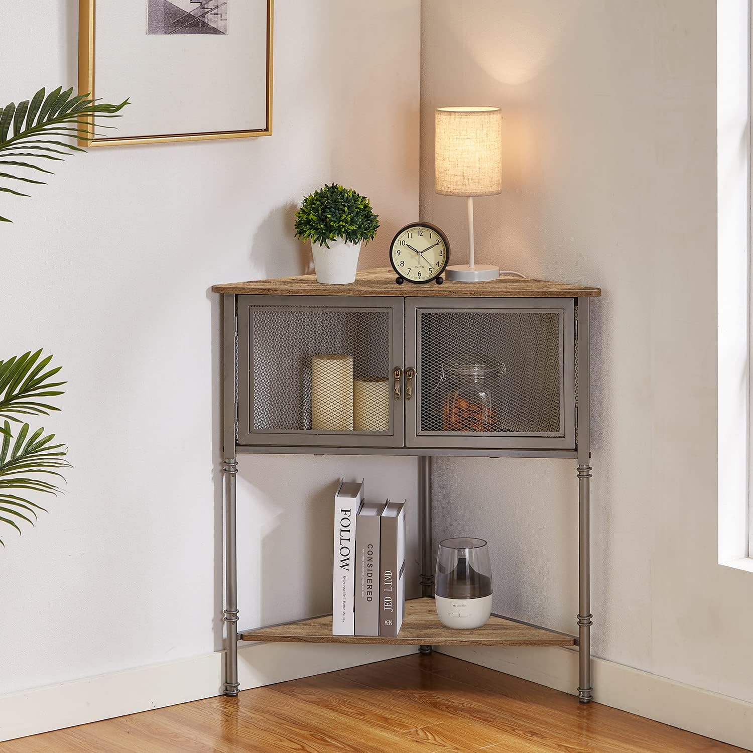 VECELO 3-Tier Corner Shelf with Storage Cabinet Grey