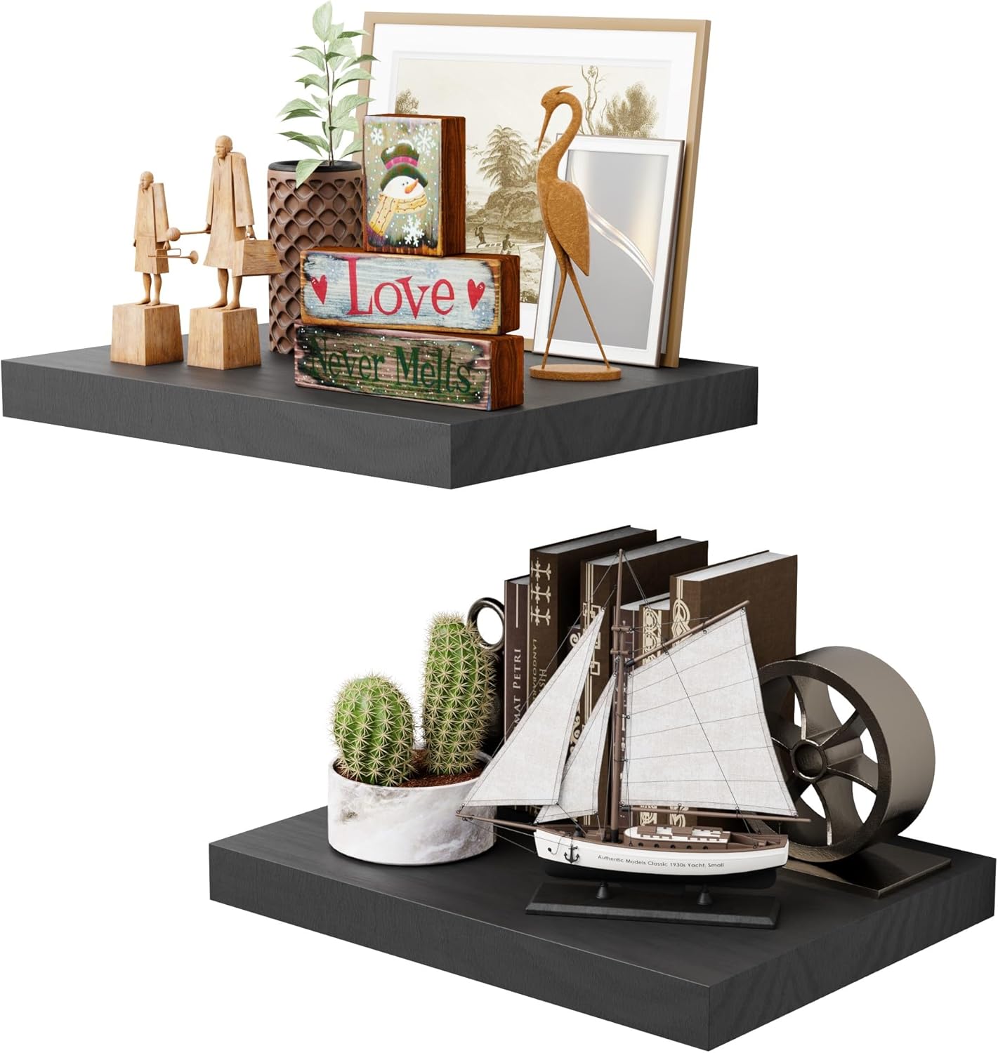 Black 12 Inch Floating Shelves Set of 2 Rustic Wood
