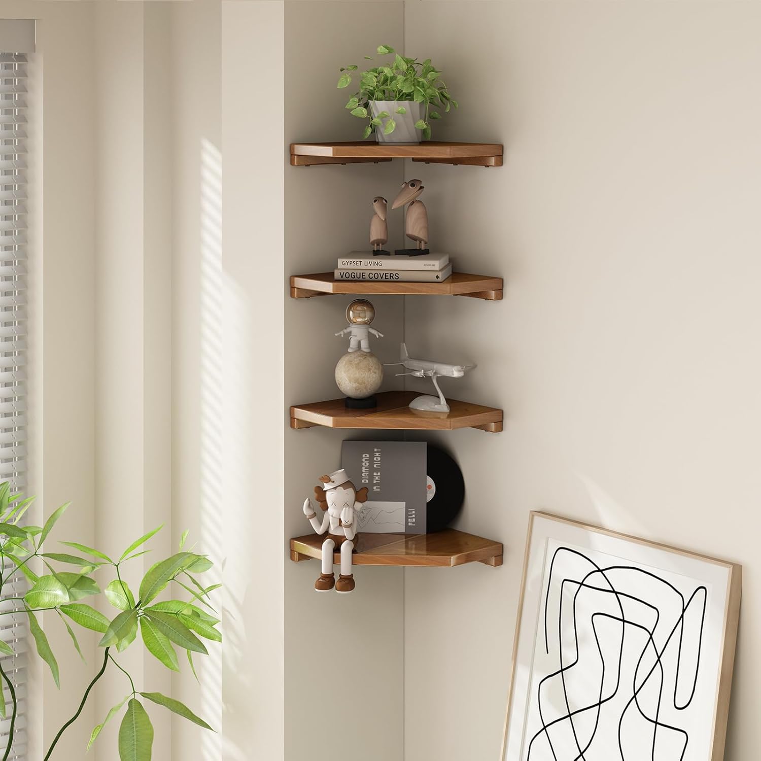 2 Pcs Floating Corner Shelves in Natural Teak