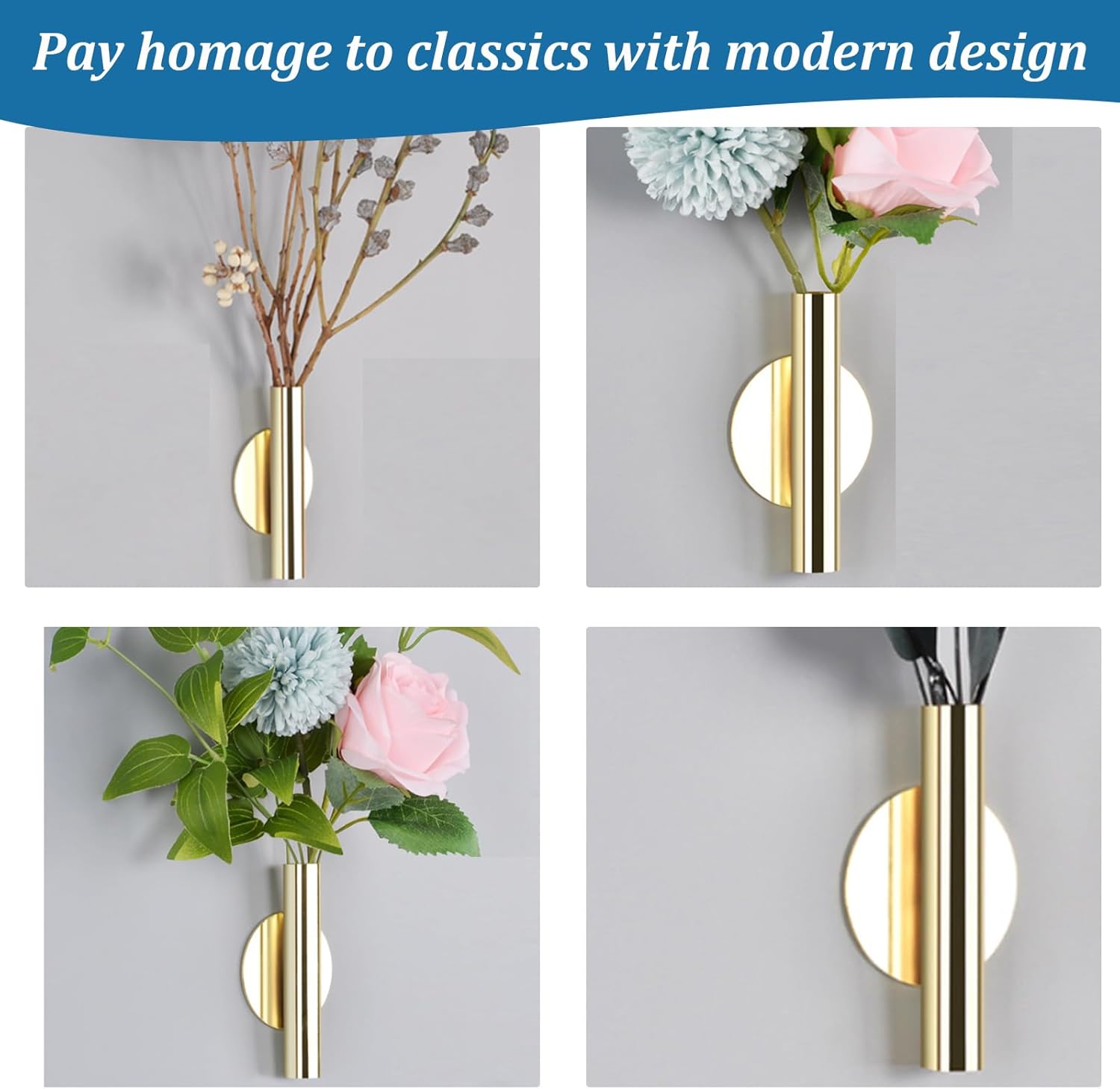 2PCS Wall Mount Vase Tube with Golden Circle Metal Holder