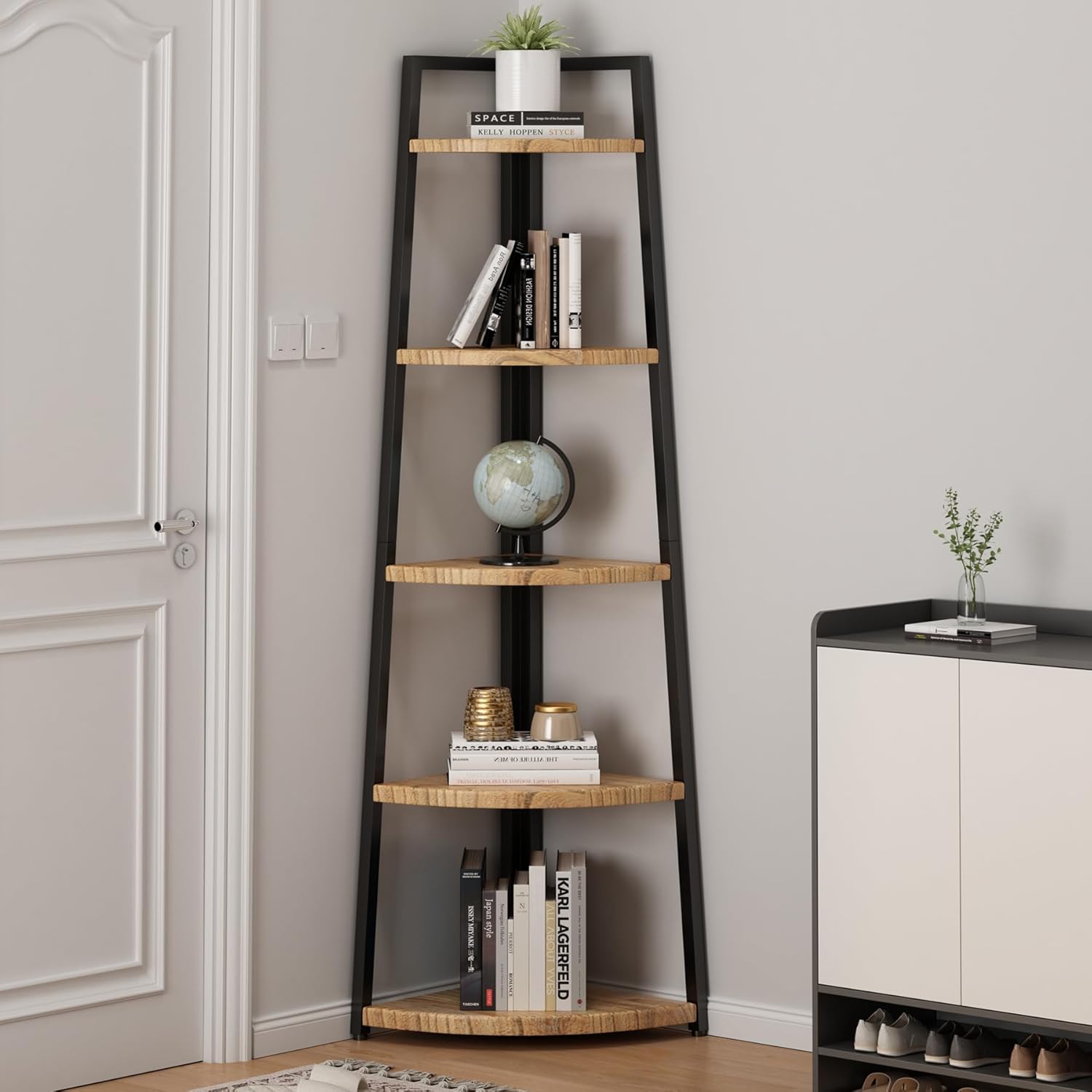5 Tier Corner Bookshelf Industrial Style Solid Wood Bookcase