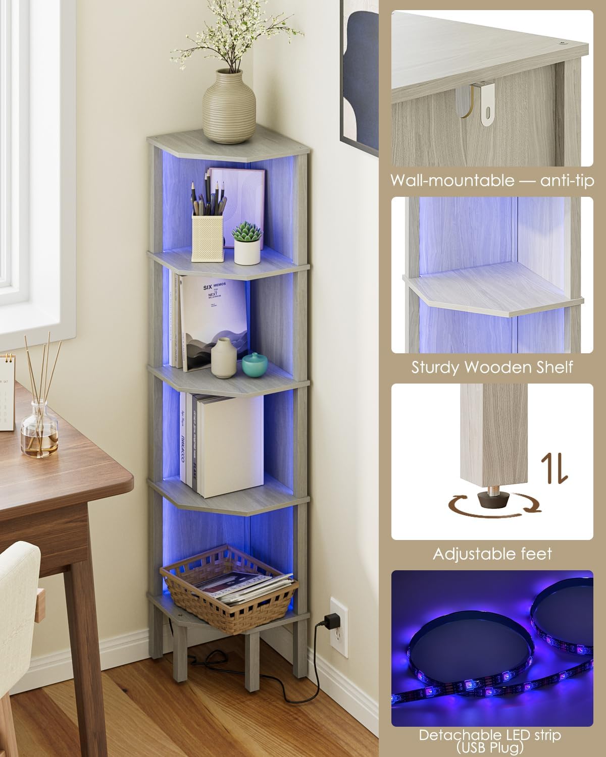 Modern 5 Tier Corner Bookshelf in Gray