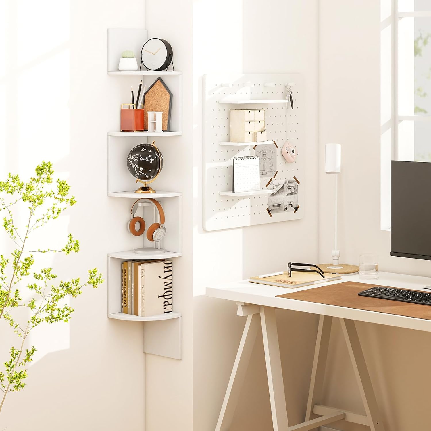 Tangkula 5-Tier Corner Shelf Wall Mount White