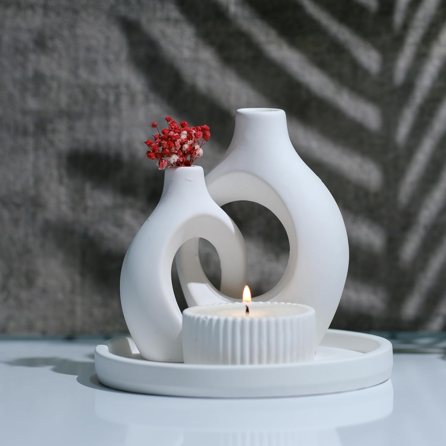 Concrete Floral Vase Set - 3 Piece Modern Minimalist Donut Vases