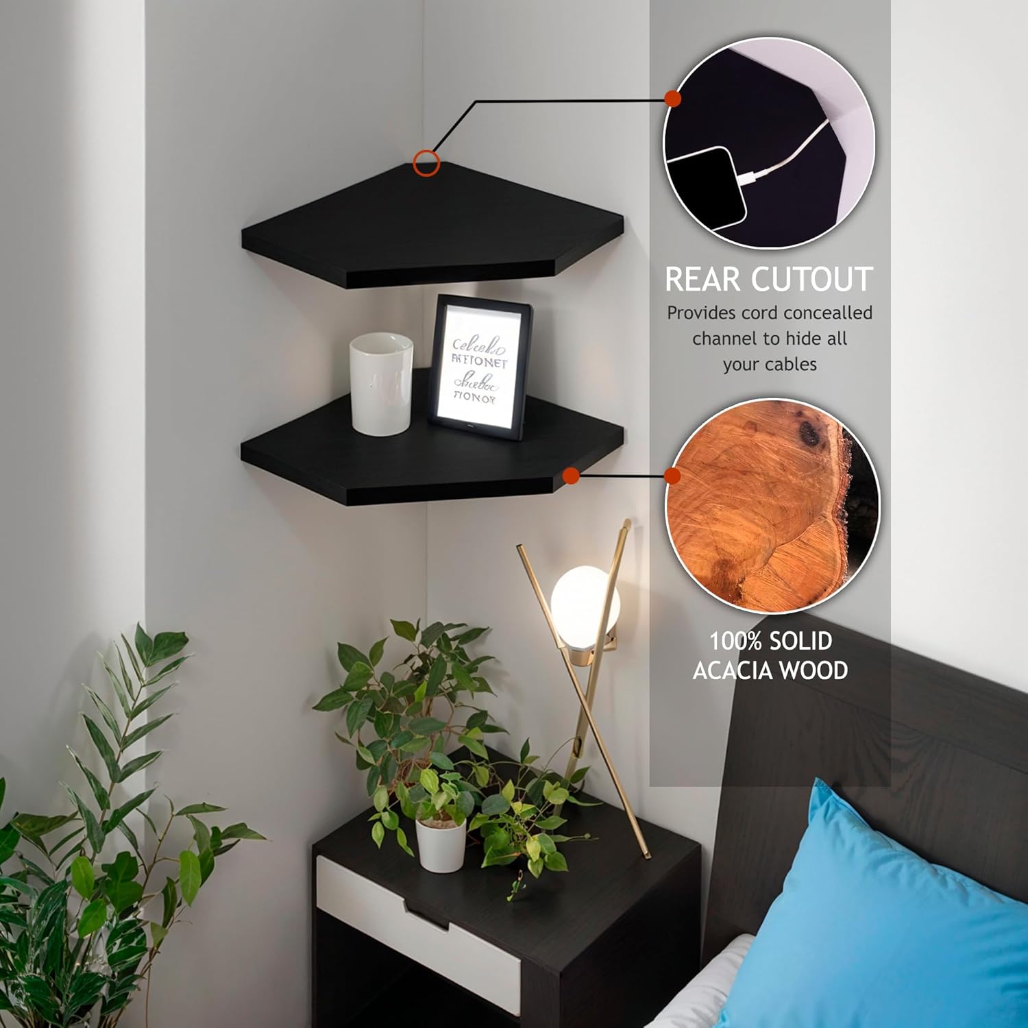 Demigo Floating Corner Shelves Set of 2 Black Acacia Wood