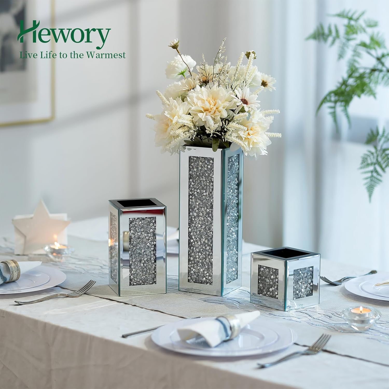 Hewory Tall Silver Mirror Vase for Centerpieces