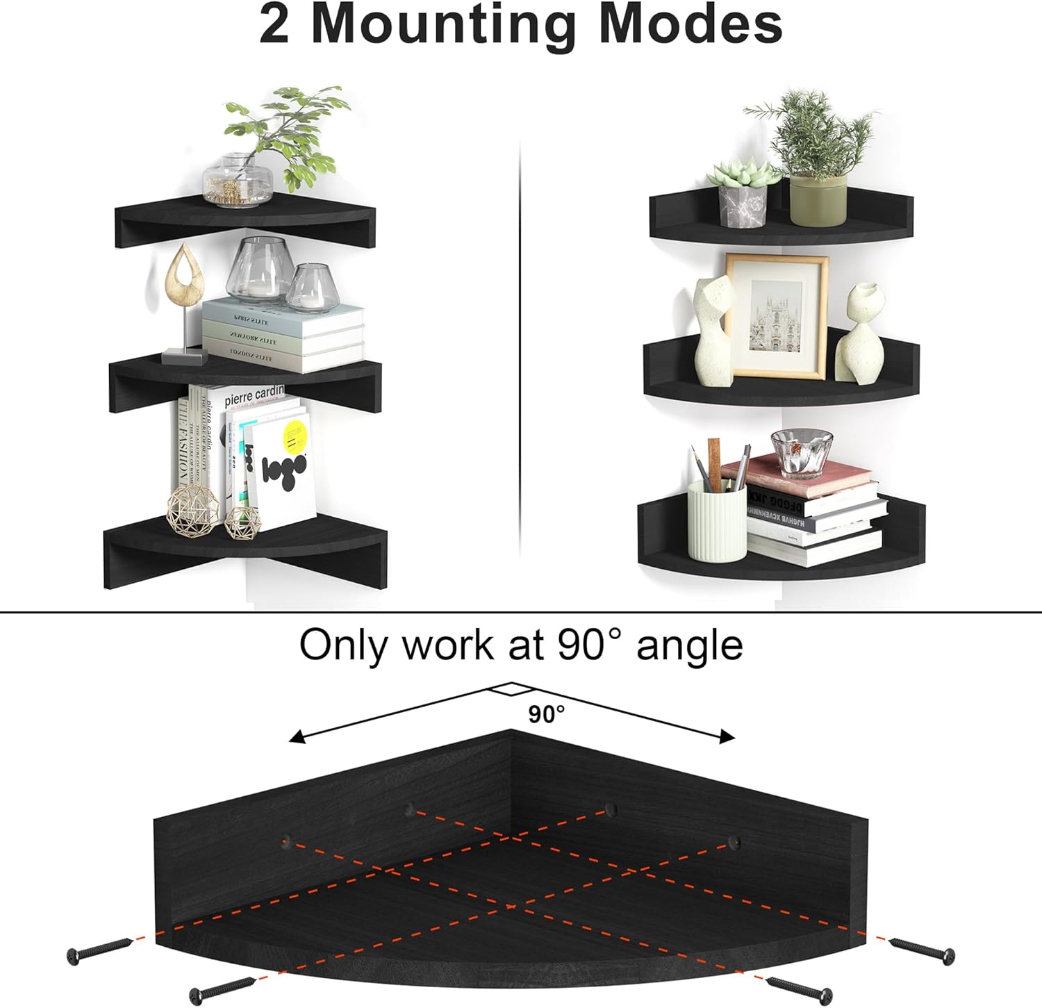 Alsonerbay Black Corner Shelf Wall Mount Set of 3