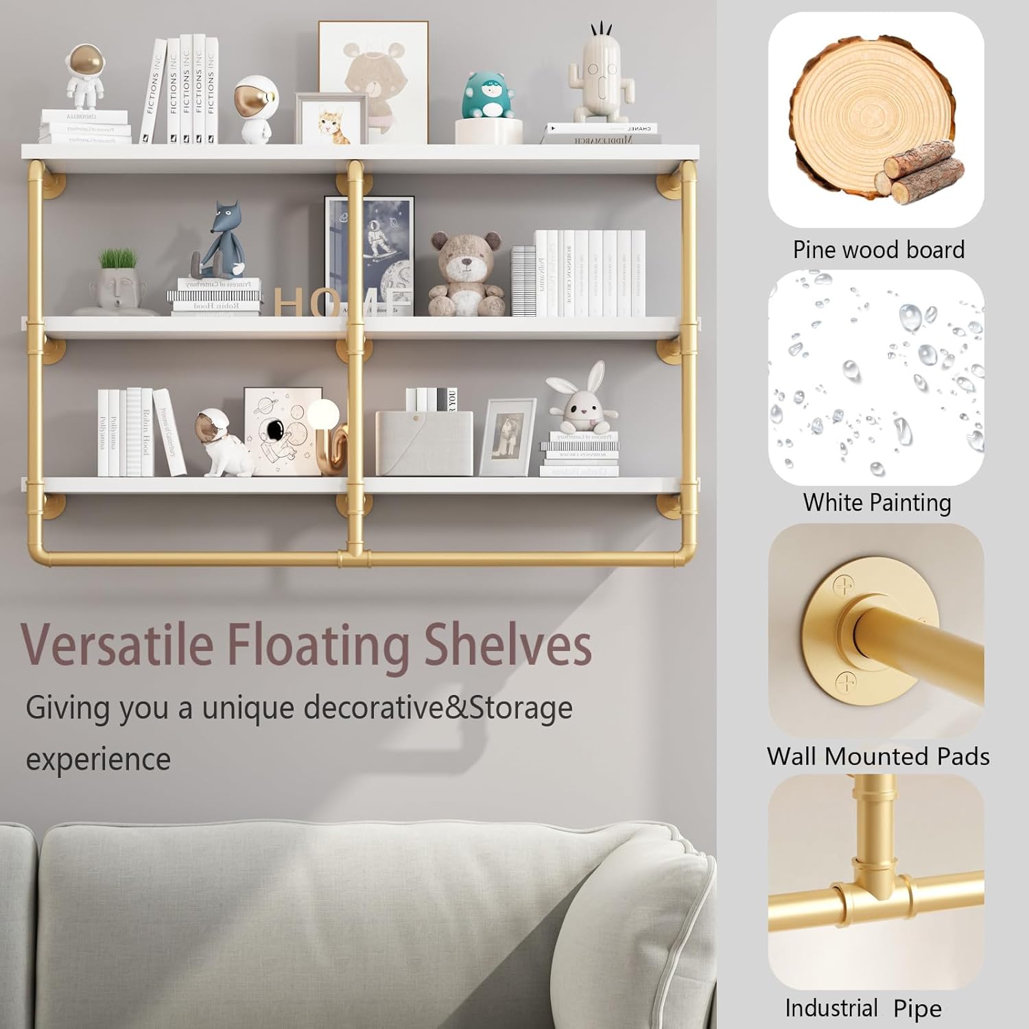 HOMEKAYT 48 Inch 3 Tier Floating Wall Shelves Gold