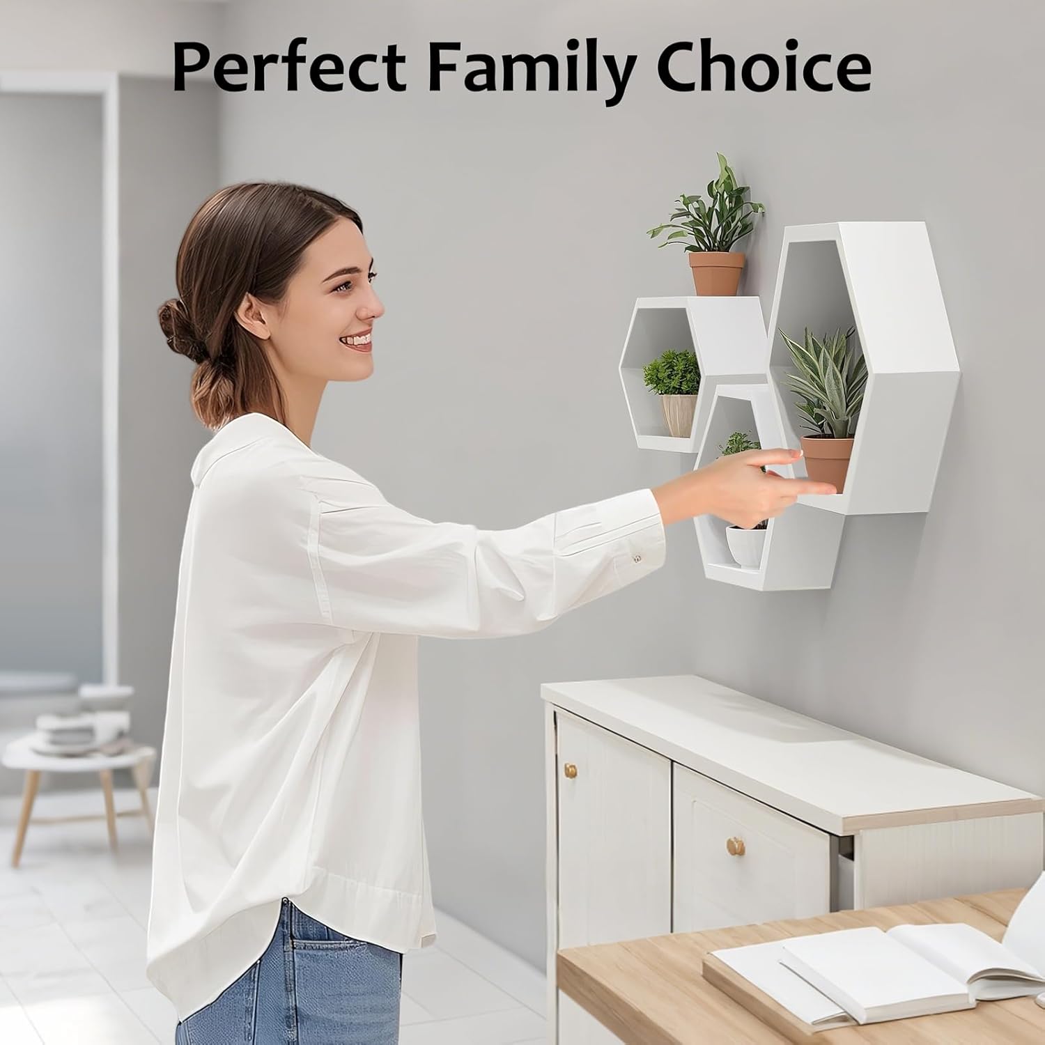 ZGZD Set of 3 White Wooden Hexagon Floating Shelves