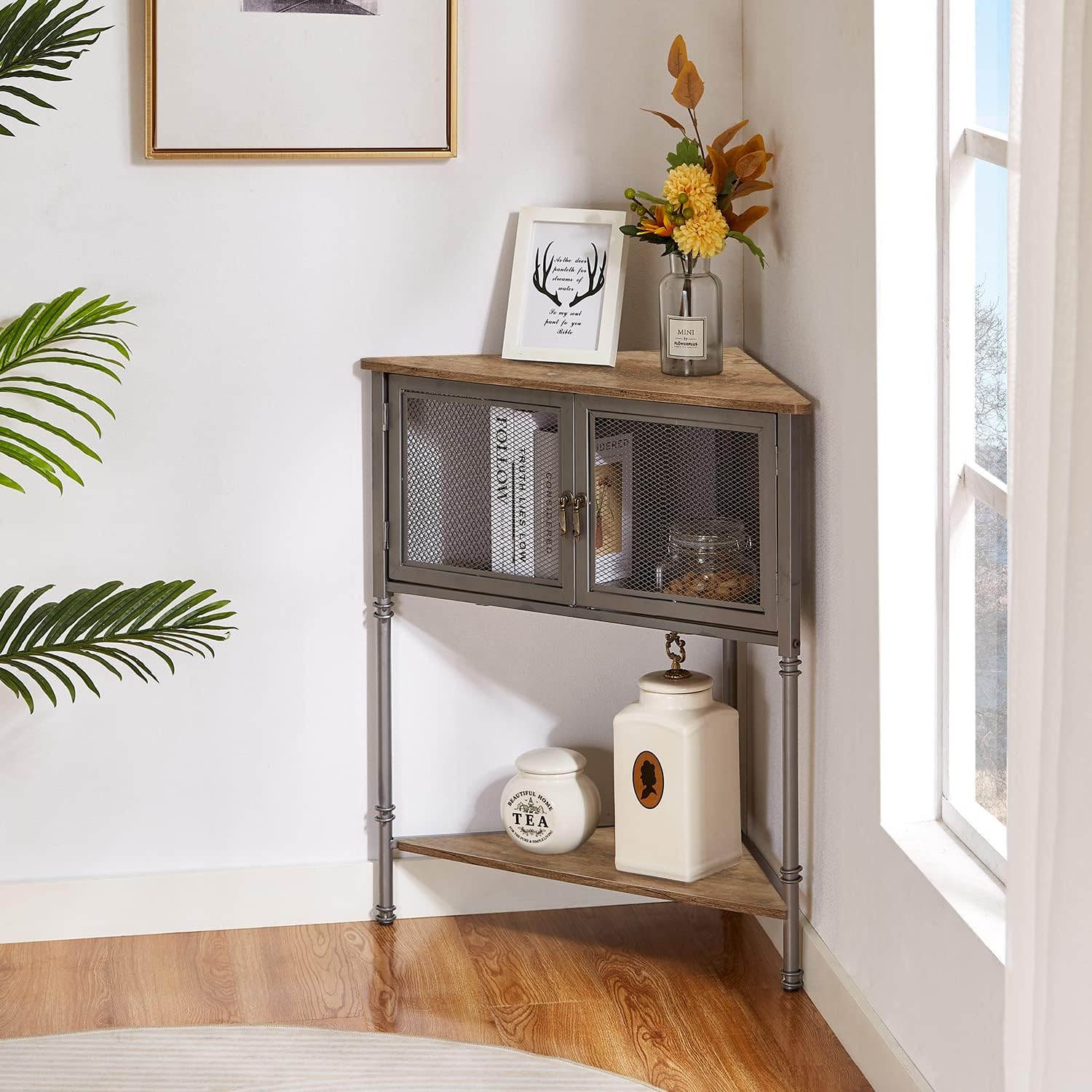 VECELO 3-Tier Corner Shelf with Storage Cabinet Grey