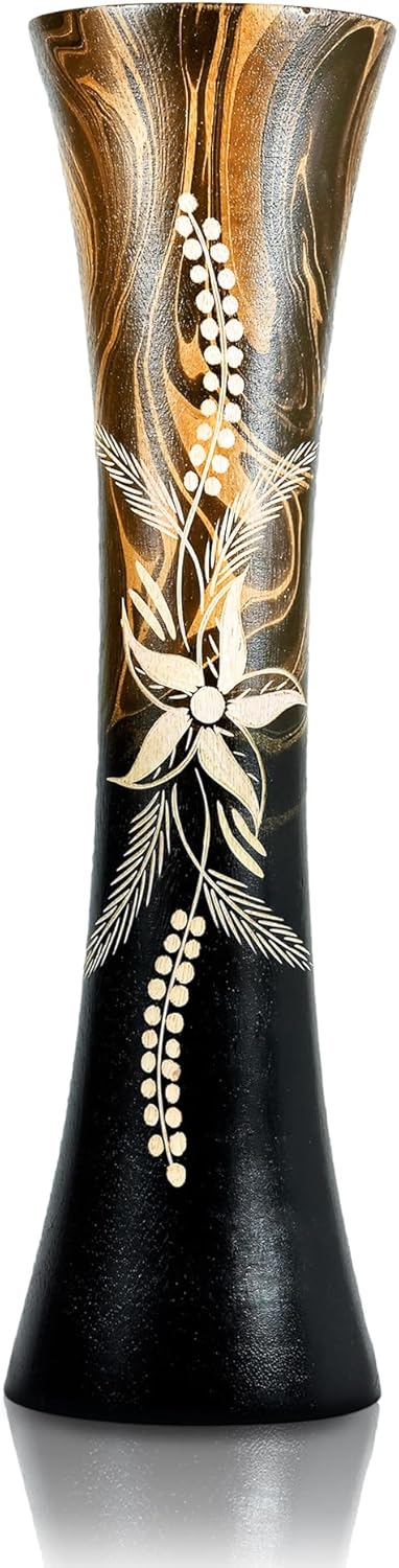 AeraVida 14-inch Curved Brown Wooden Vase with Tropical Flower Design