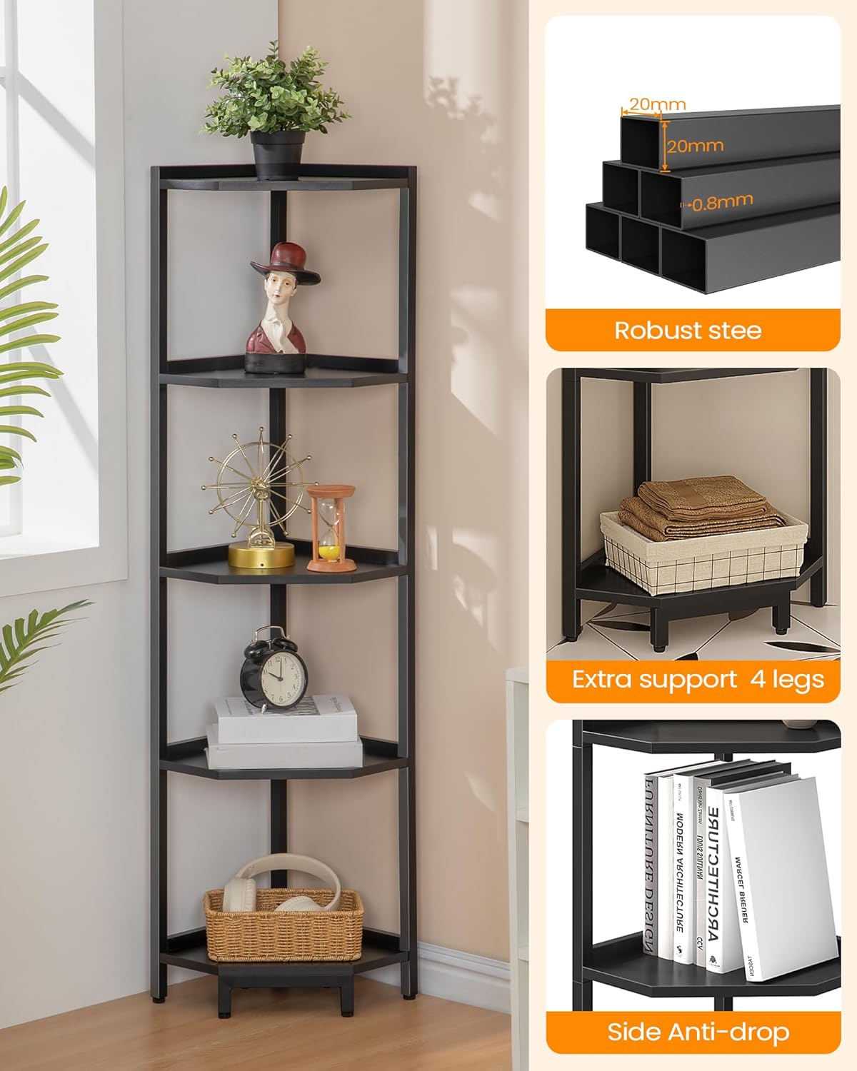 5-Tier Corner Bookshelf Stand with Metal Frame Black CS05906B