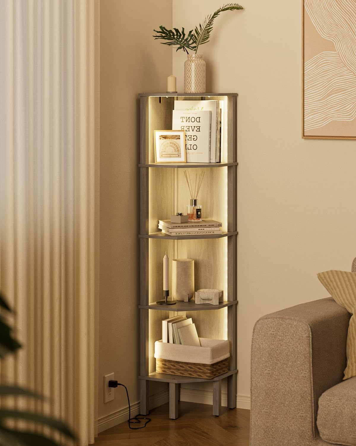 Modern 5 Tier Corner Bookshelf in Gray