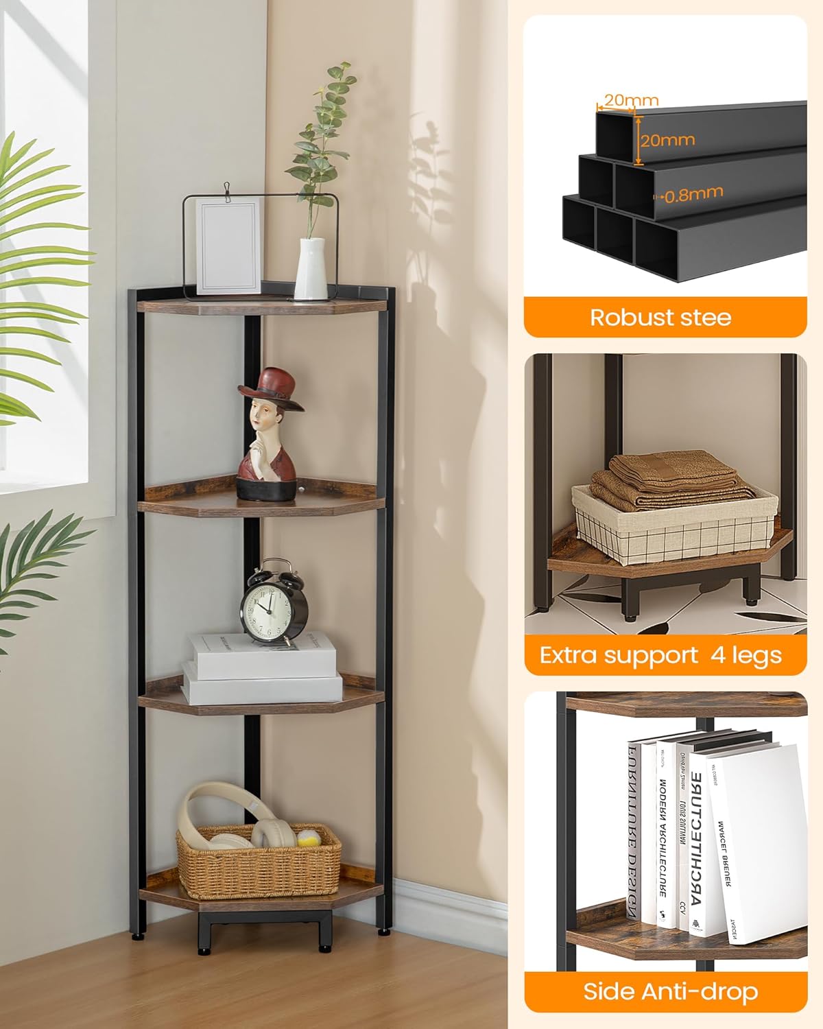 4-Tier Corner Bookshelf Stand with Metal Frame
