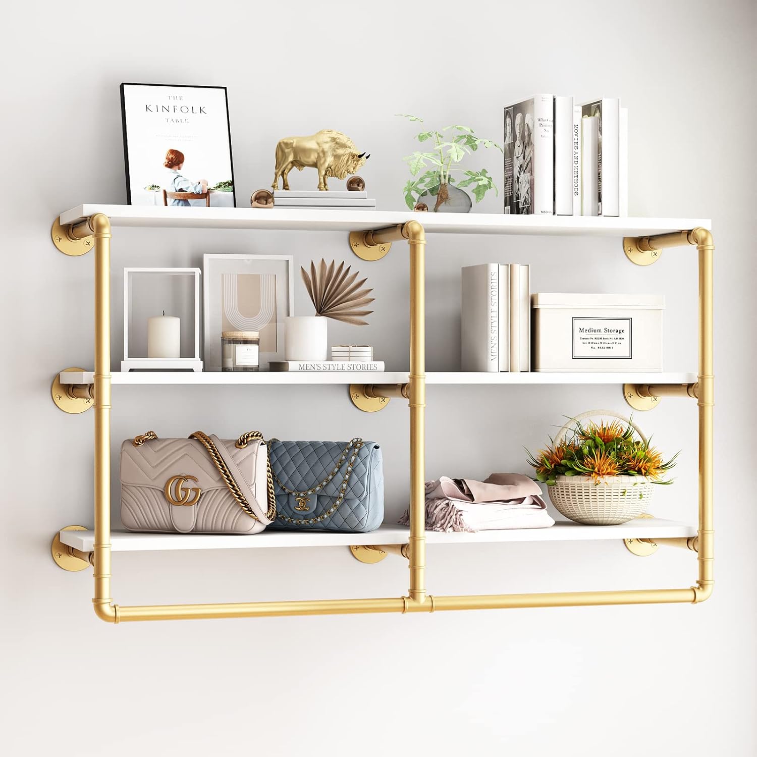 HOMEKAYT 48 Inch 3 Tier Floating Wall Shelves Gold