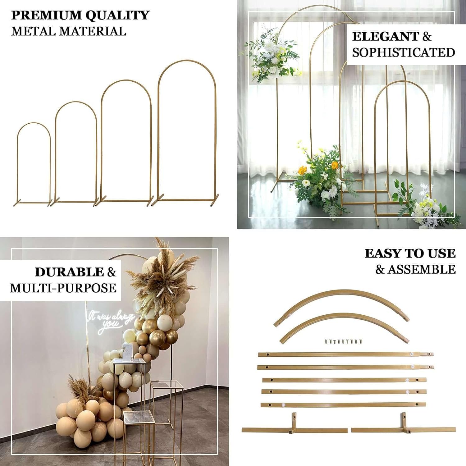 Efavormart 7ft Gold Metal Wedding Arch with Accessories