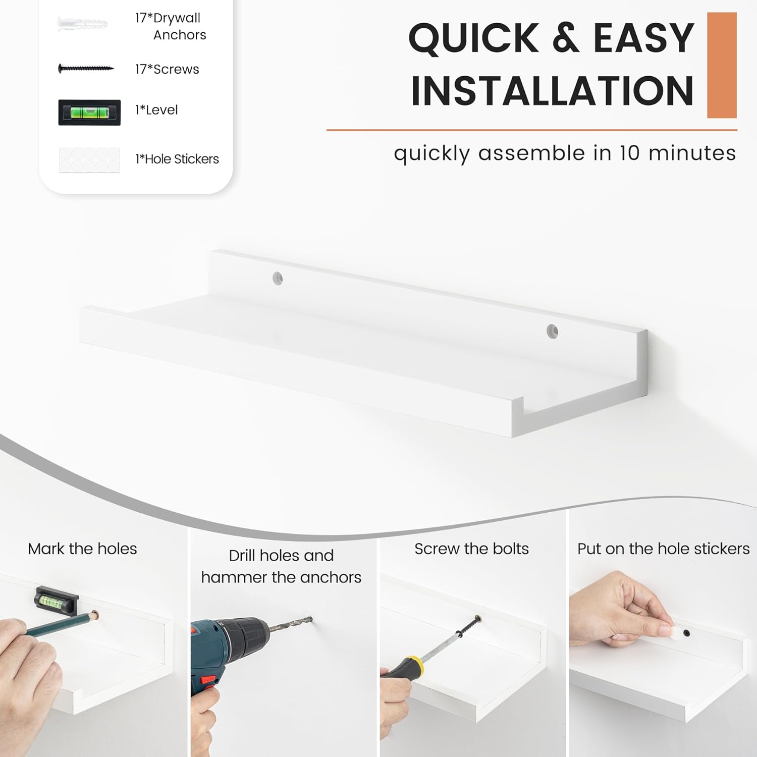 FLYJOE Picture Ledge Shelf Set of 8 Matte White