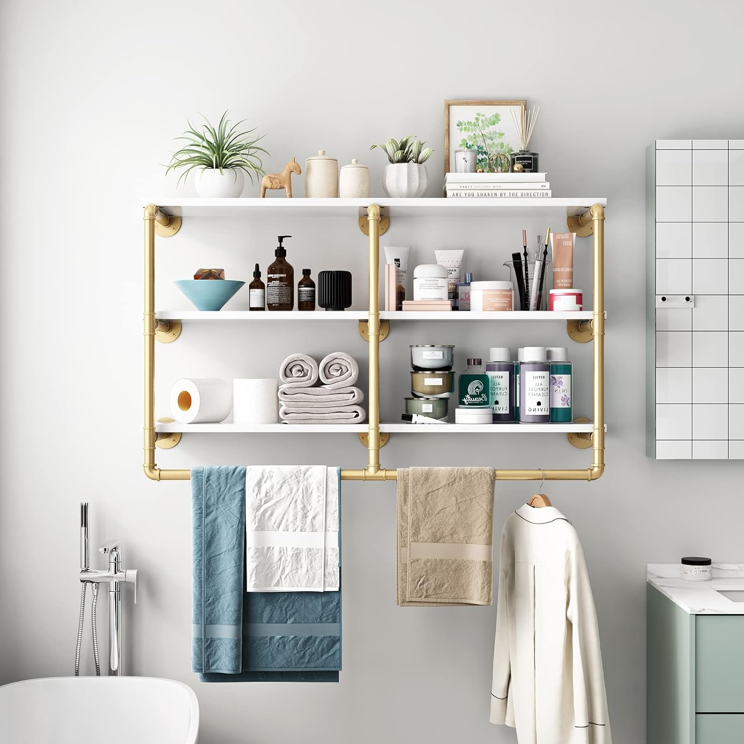 HOMEKAYT 48 Inch 3 Tier Floating Wall Shelves Gold