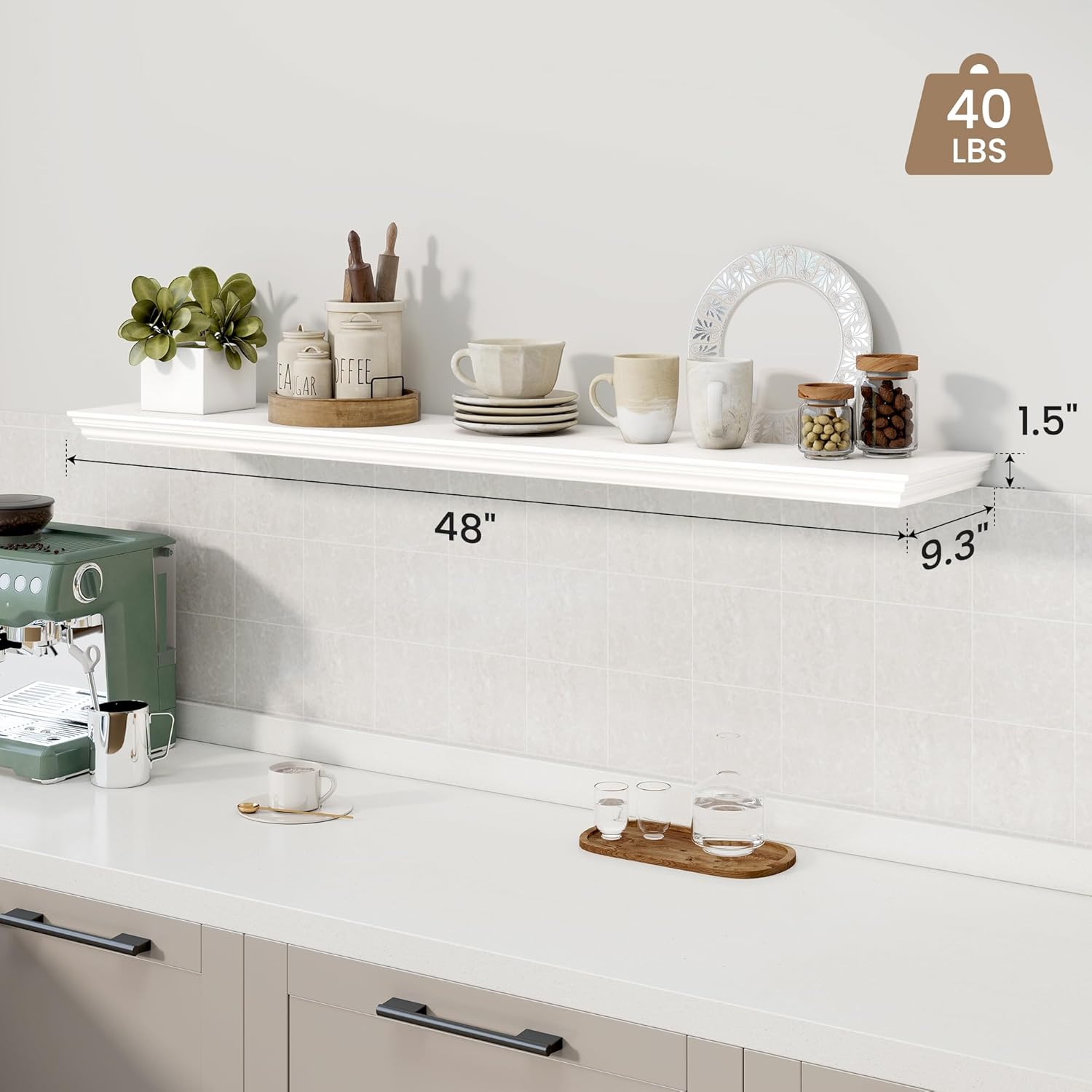 Axeman 48 Inch Floating Shelf with Crown Molding White