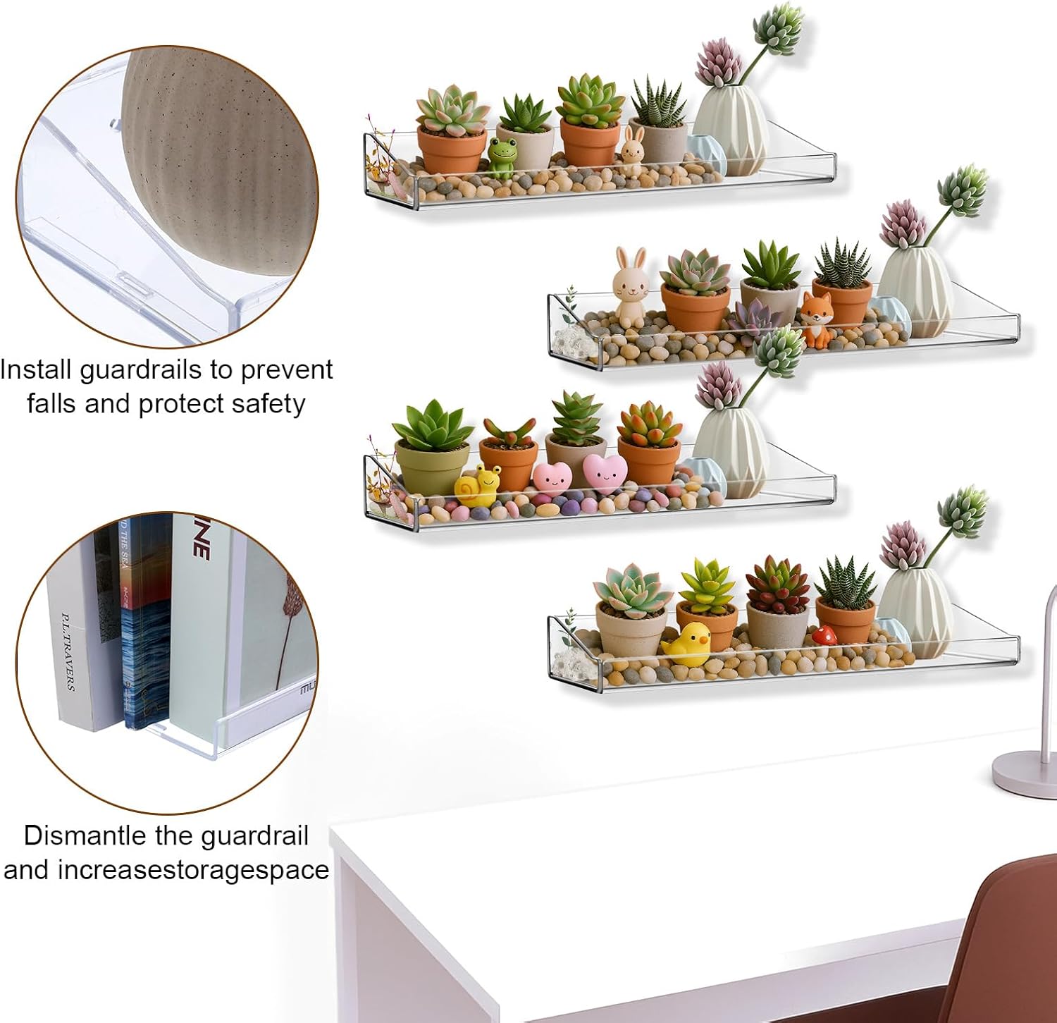 4 Pack Acrylic Shelves for Bathroom Wall with Adhesive No Drilling