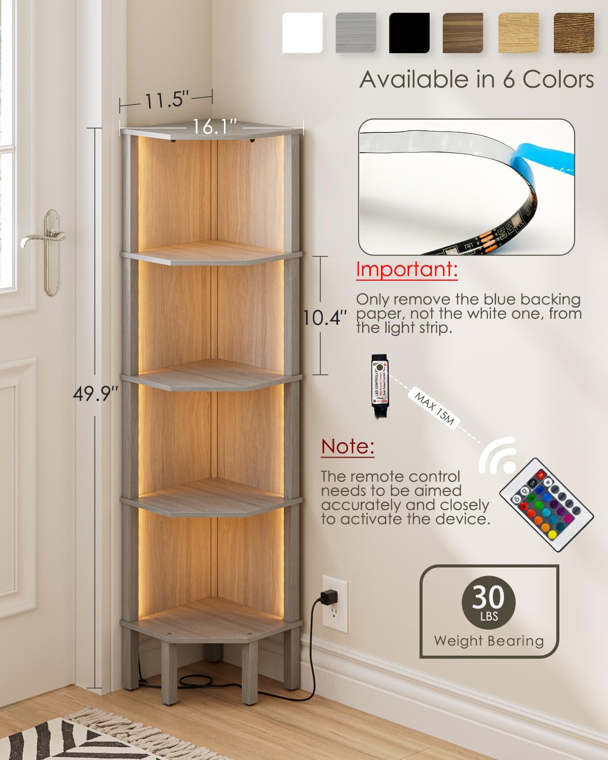 Modern 5 Tier Corner Bookshelf in Gray
